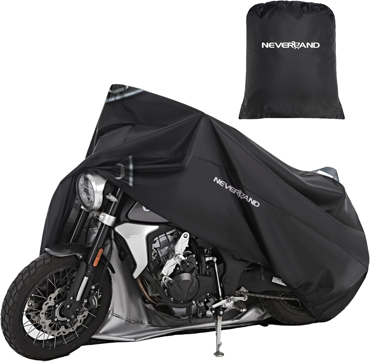 NEVERLAND Motorcycle Cover - 420D Heavy Duty Motorbike Cover Waterproof Outdoor with Lock Holes Windproof Buckle Elastic Band Storage Bag for Protection from the Sun, Dust, Rain XXL 265 * 105 * 125cm