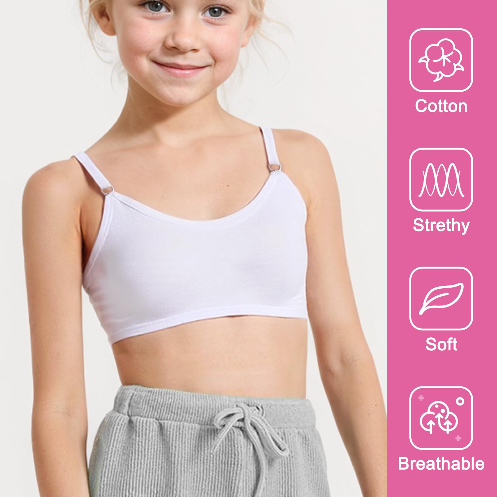 3 Pièces Soutien-Gorge d'entraînement sans Couture pour Filles, Coton Brassiere sans Armature, Réglable Haut à Bretelles et Coussinets Amovible pour Fille 10 à 14 Ans, Noir Blanc Couleur Peau