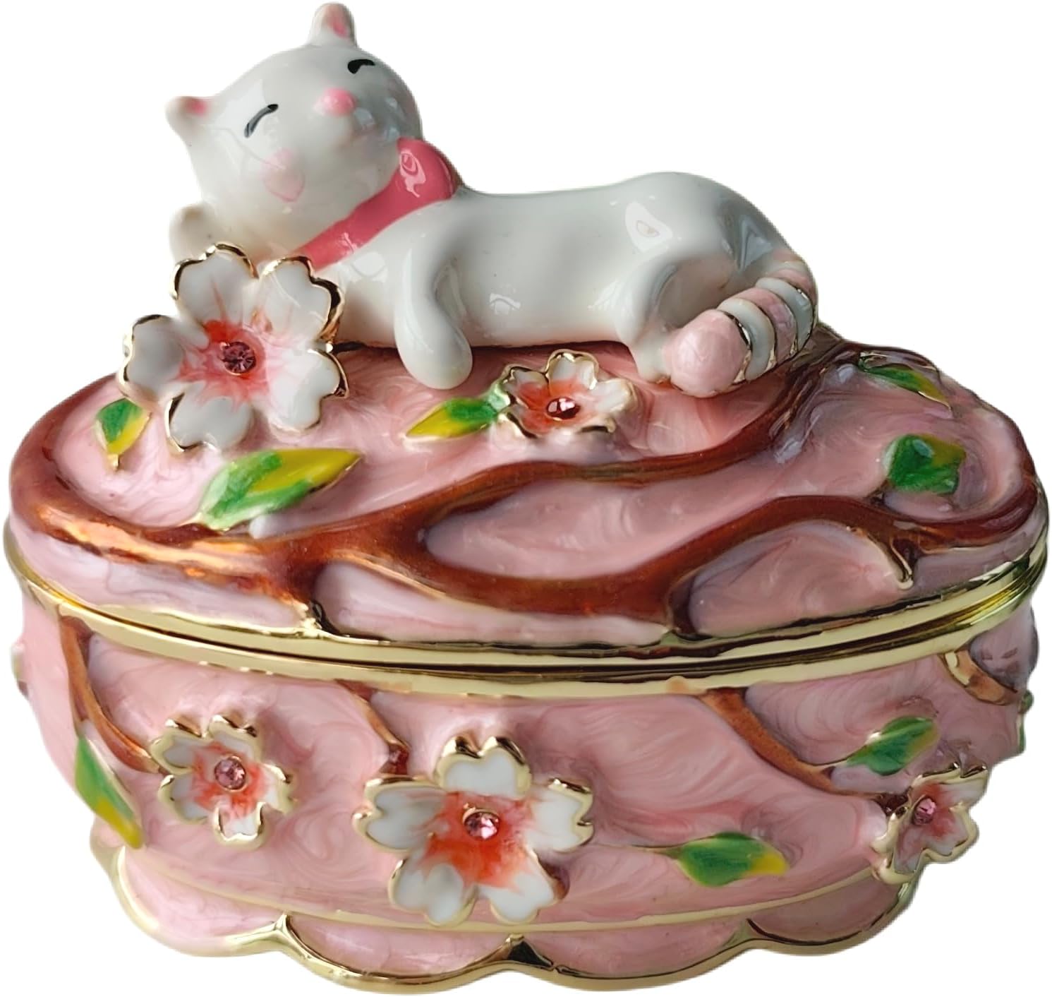Enamel Cute Cat Trinket Jewelry Box Ring Holder Kitty Figurine For Women
