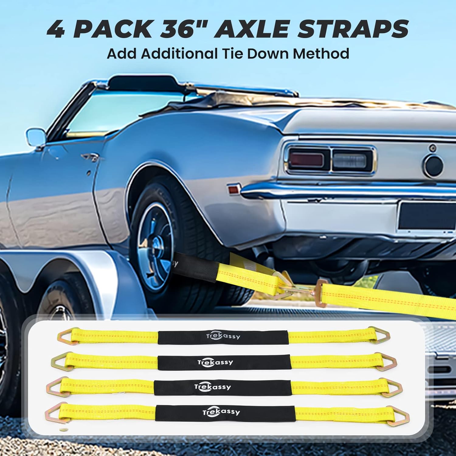 Trekassy 2in x 12ft Car Tie Down Straps for Trailers Heavy Duty, 10000lbs Break Strength, 4 Pack Steel Ratchet, 4 Adjustable Car Hauler Straps, 4 Axle Straps - Image 8