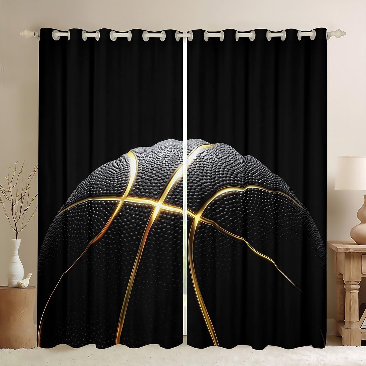 jejeloiu Basketball Window Drapes (2 Panels, 38 x 45 Inch) Kids Gaming Sports Blackout Shades Window Treatments Ball Games Curtain Gift for Basketball Lover Gold and Black Room Decor