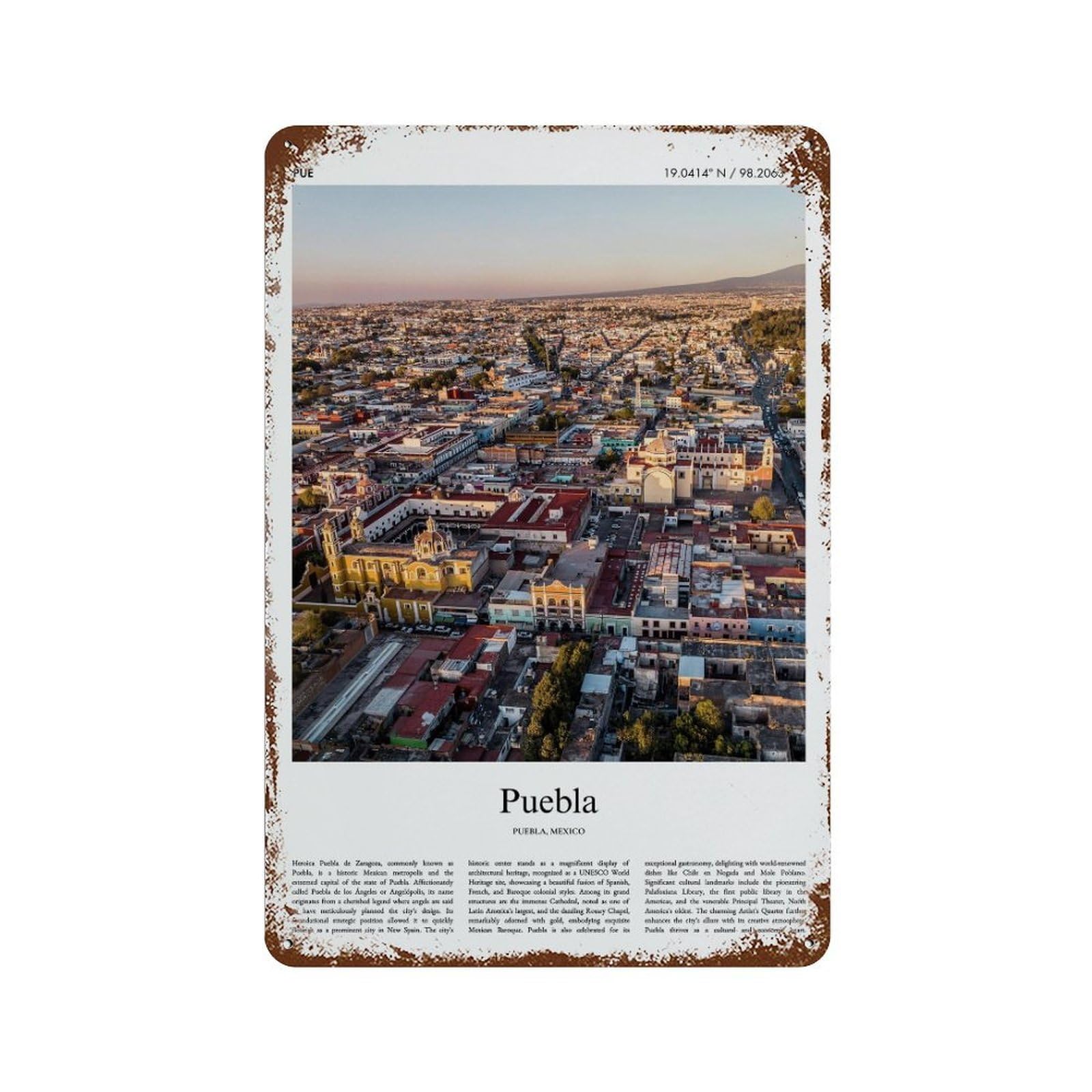 xiaoxiaoshen Heroica Puebla De Zaragoza Puebla, Mexico City Scenery Wall Decor Art Metal Tin Poster Modern Home Decor Art Home Bar Shop Decorations Vintage Sign 30x20cm
