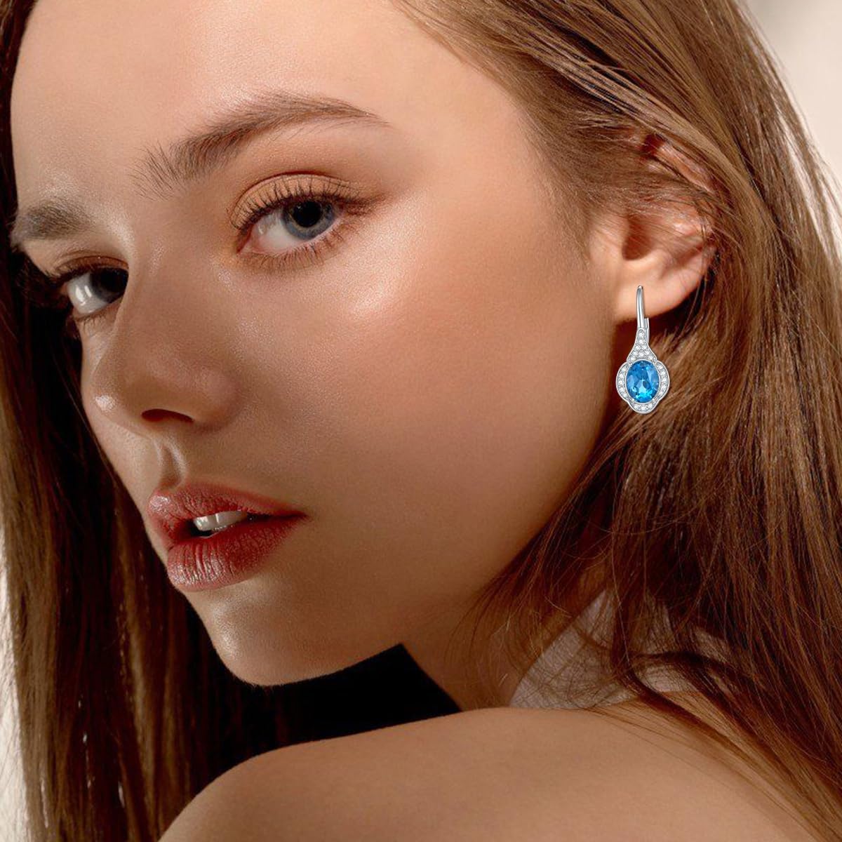 Natural London Blue Topaz Earrings 925 Sterling Silver 9X7mm Oval Cut London Blue Topaz Leverback Drop Earrings For Women - Image 2