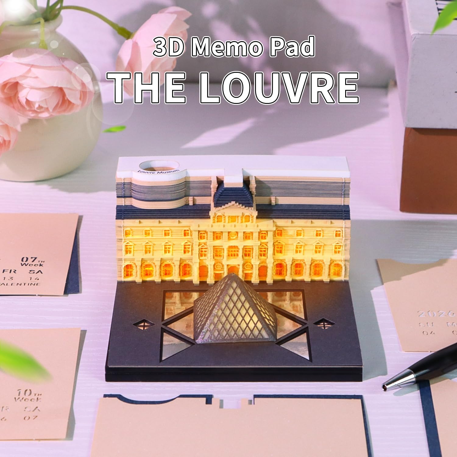 3D Calendar 2026,Tear-Off Calendar 2026 Time Piece Calendar 3D Art Memo Pad Paper Sculpture Castle, 3D Desk Calendar 2026 Decorative Gift, The Louvre