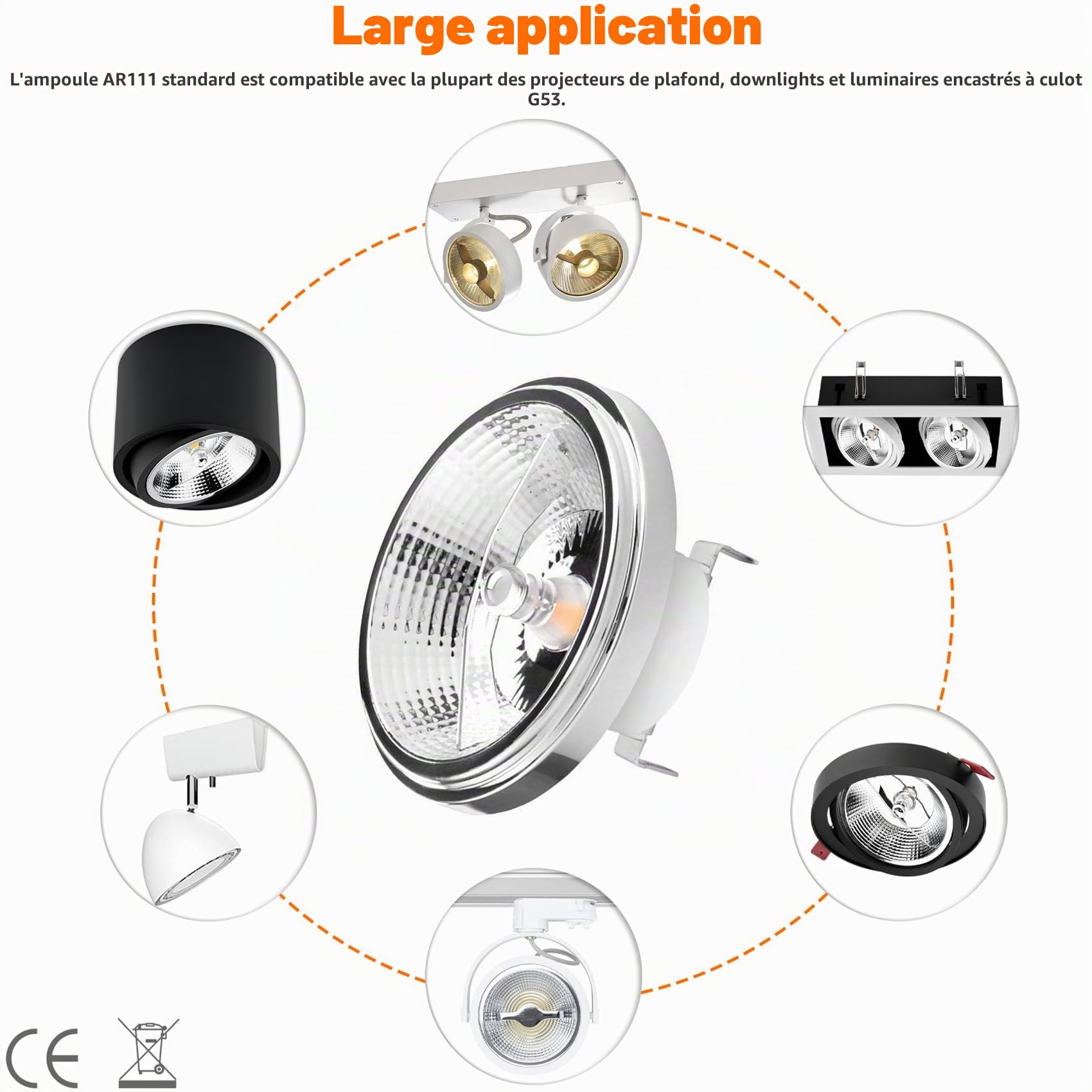 Lot de 8 ampoules LED AR111 G53 avec réflecteur 15 W 1500 lumens (équivalent 120 W) Angle de faisceau 45°, 12 V AC/DC basse tension, non variable