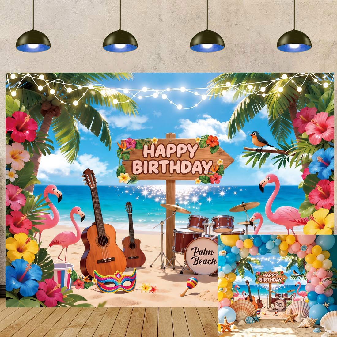 Summer Happy Birthday Backdrop Hawaiian Tropical Beach Flamingo Flowers Palm Leaves Photography Background Adult Kids Summer Hawaiian Music Birthday Party Decorations Banner Photo Props (8x6FT)
