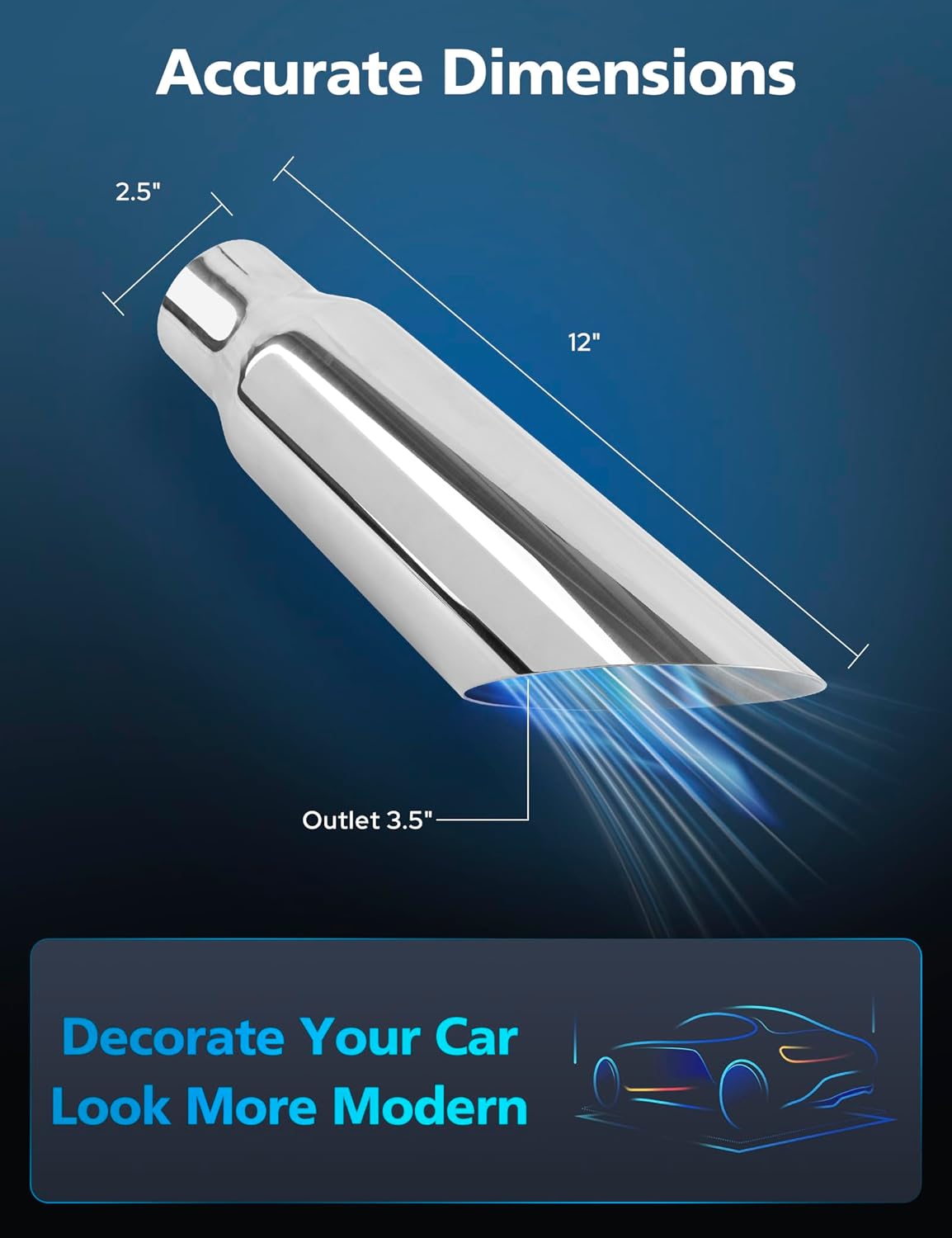 RP Remarkable Power, 2.5" Inlet - 3.5" Outlet 12" Long Stainless Steel Angle Cut 45 Degree Exhaust Tips, 2 Pack