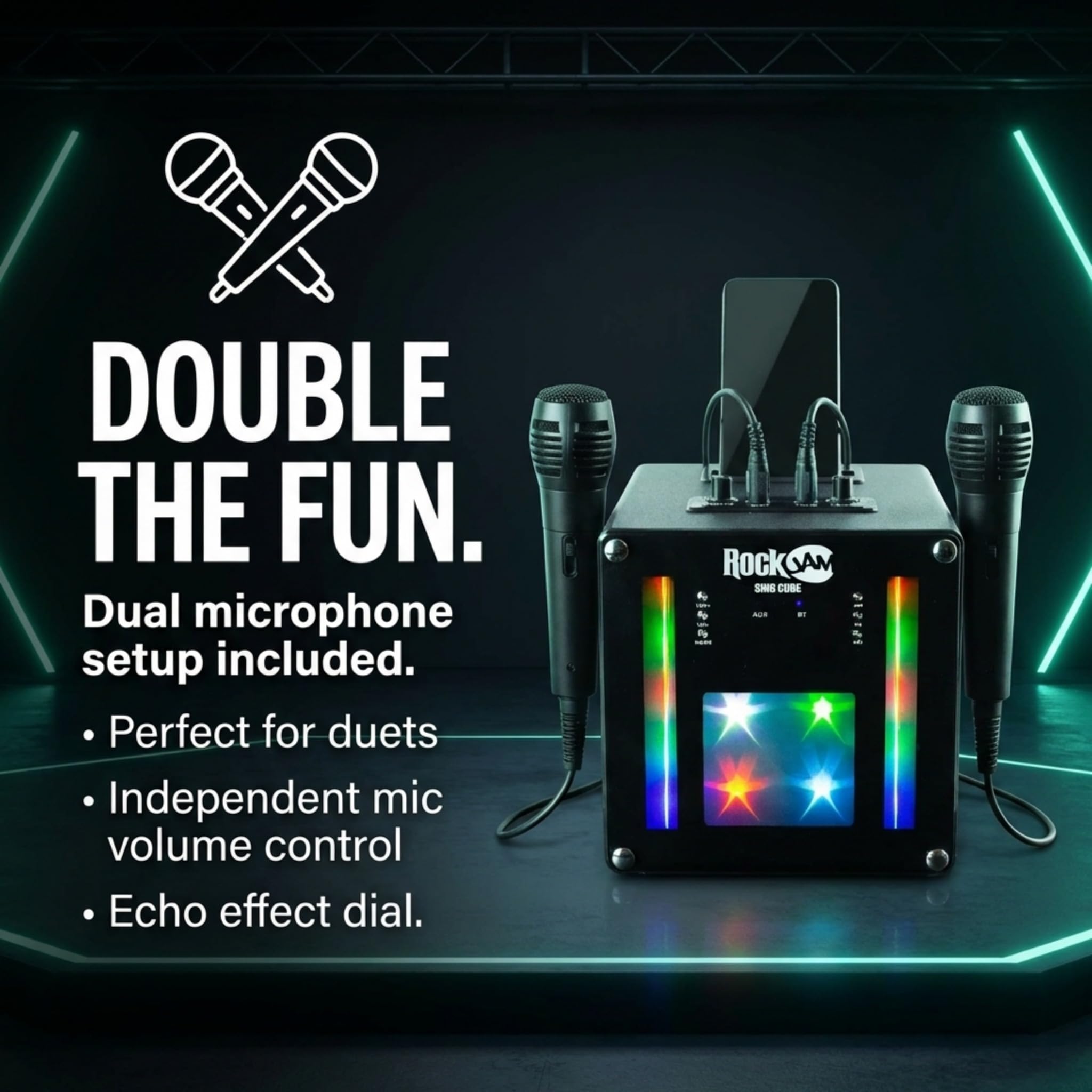 Machine de karaoké Bluetooth Rechargeable RockJam 10 Watts avec Deux Microphones, Jeux de lumière et Effets vocaux