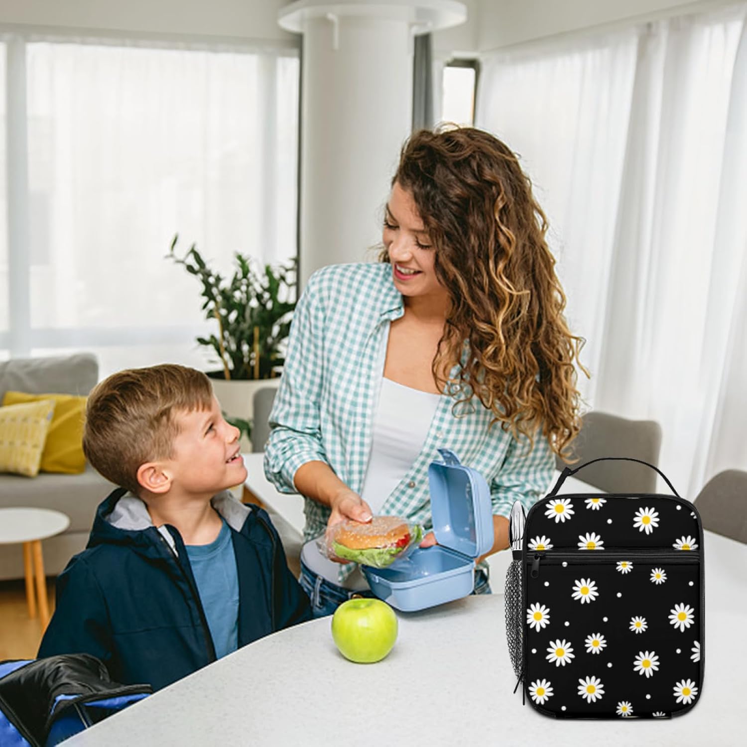 Floral Daisy Black Flower Lunch Box Girls Boys Insulated Lunch Bag Reusable Lunchbox, Cute Lunch Box for Girls Boys Teen, Waterproof Lunch Tote Bag for Women Men Kids Work Office School Picnic - Image 8