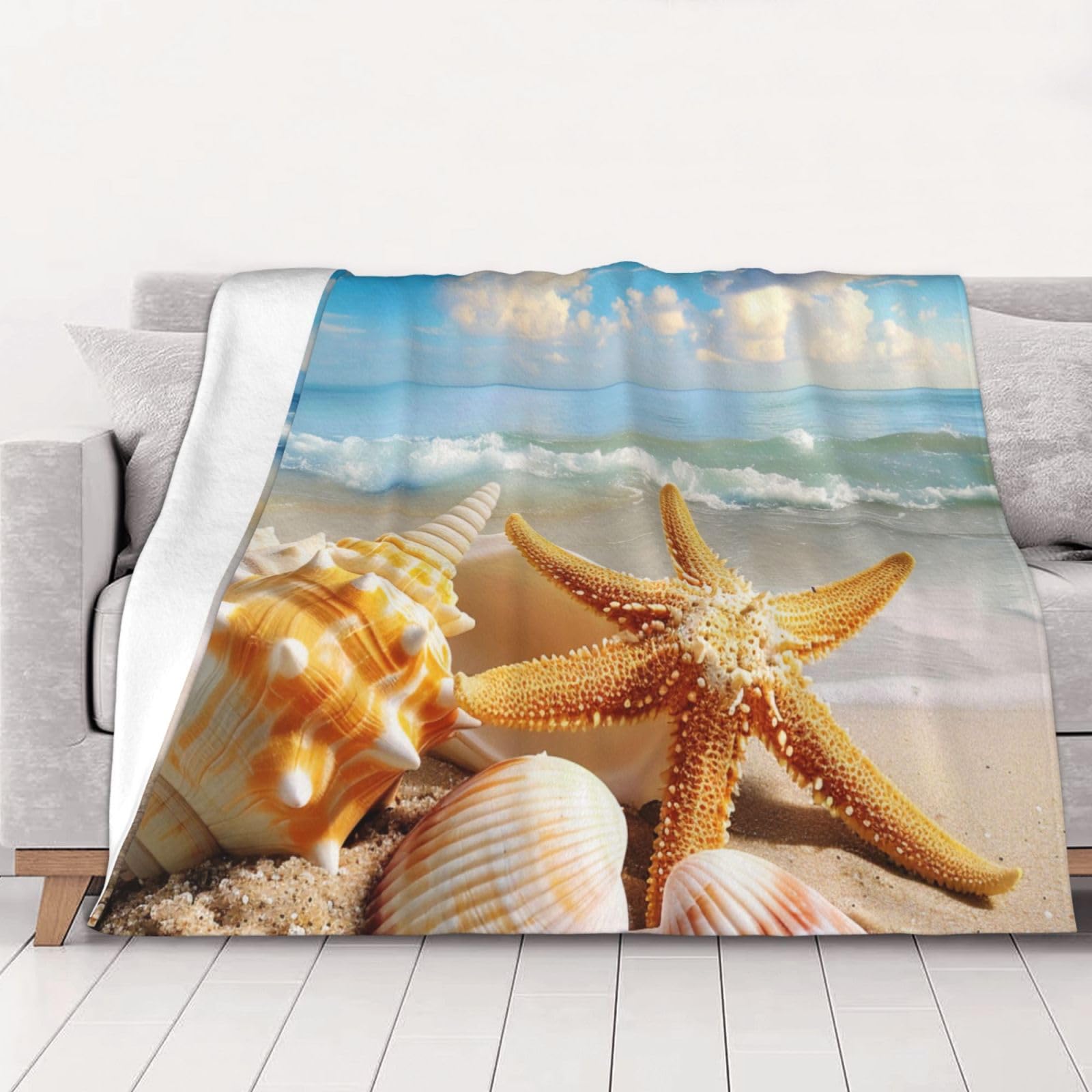 AUBKFELD Seashell Sea Beach Pattern Printed Flannel Blanket 102x76 CM, Soft & Warm Throw Blanket for Sofa/Couch/Bed/Car, Gifts for Audlts Women Men