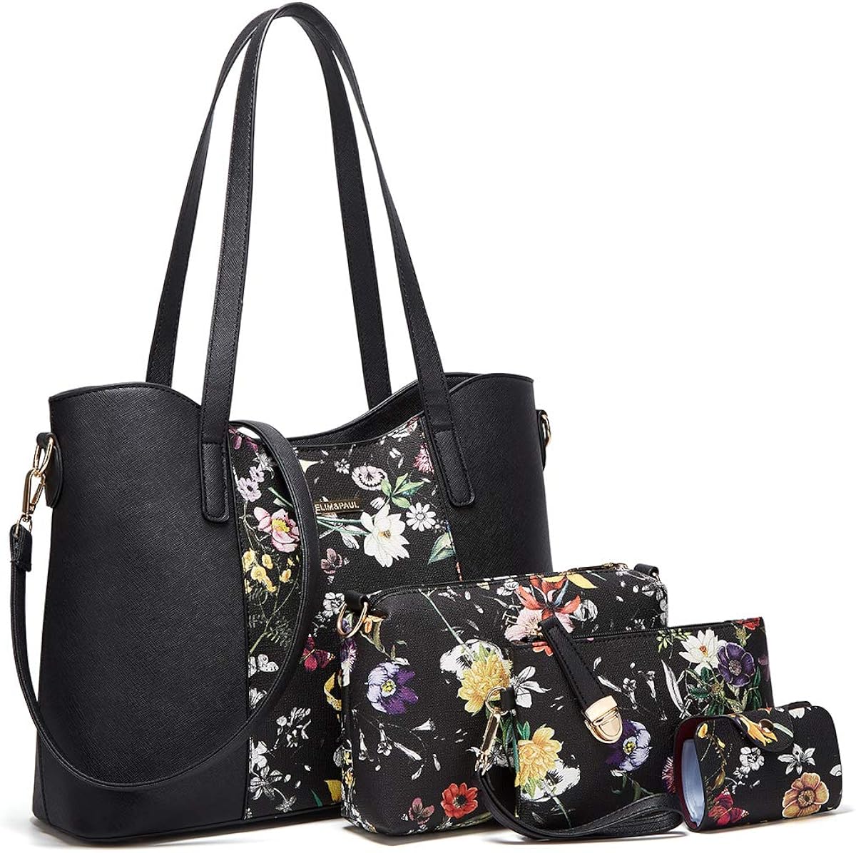 Women Fashion Handbags Wallet Tote Bag Shoulder Bag Top Handle Satchel Purse Set 4pcs (Black-black flower)