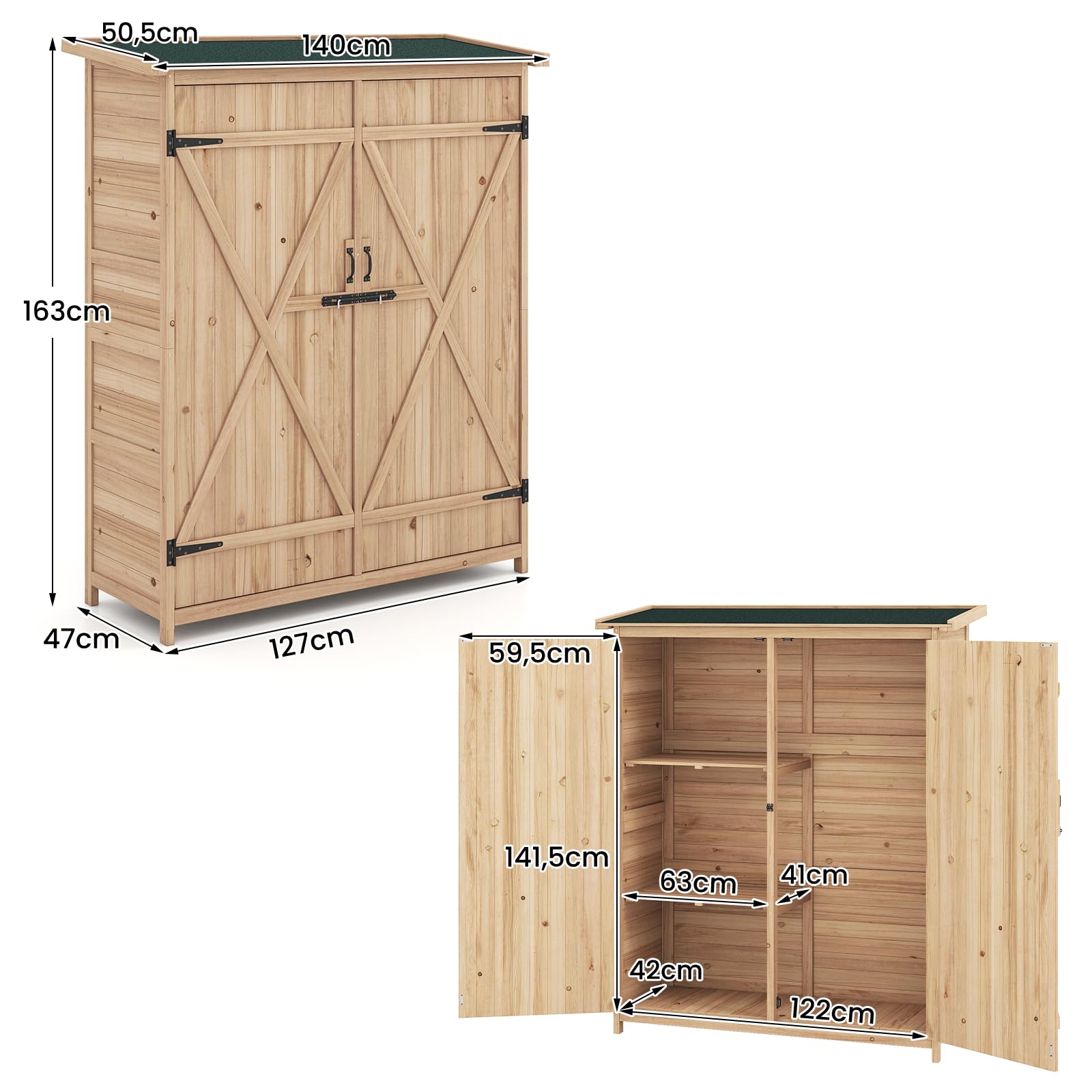 RELAX4LIFE - Caseta de jardín de madera, 127 x 47 x 163 cm, cabaña de jardín con techo de asfalto inclinado, estantes desmontables, doble puerta con cerradura para exterior trasero, patio trasero