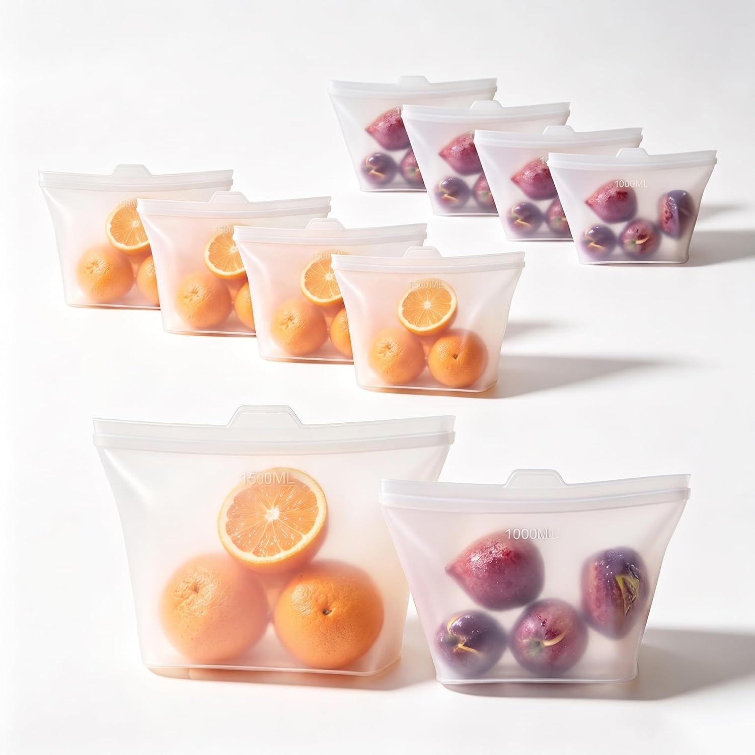 Reusable Silicone Food Storage Bags, 100% Silicone Stand-Up Wide-Open Zip-Lock Reusable Storage Bags for Food, Freezer Microwave Oven Dishwasher Safe (Translucent | M+S | 8 PC)