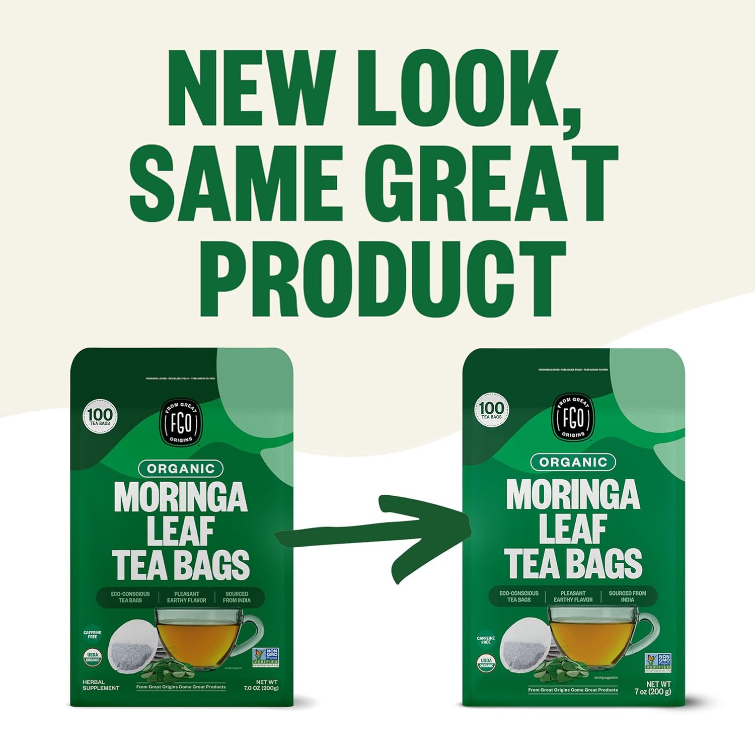 FGO Organic Moringa Mint Tea, 100 Count, Eco-Conscious Herbal Tea Bags, Resealable Bag, Caffeine Free, Packaging May Vary (Pack of 1)