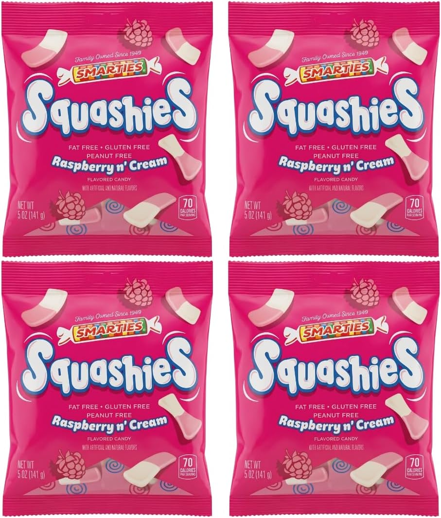 Squashies Foam Candy - Raspberry & Cream Flavored - Allergen Free, Peanut Free & Gluten Free Candy - Soft & Chewy Squashies Candies for Parties, Halloween & Birthdays - 5 oz Bags (Pack of 4)