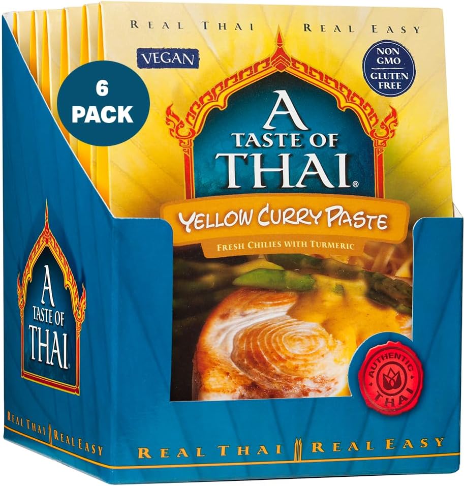 A Taste of Thai Yellow Curry Paste - 1.75 oz Pack of 6 Ready-to-Use Mix | Flavored with Classic Thai Spices | Use as Rub Marinade Dipping Sauce & More | Non-GMO | Gluten-Free | No Preservatives