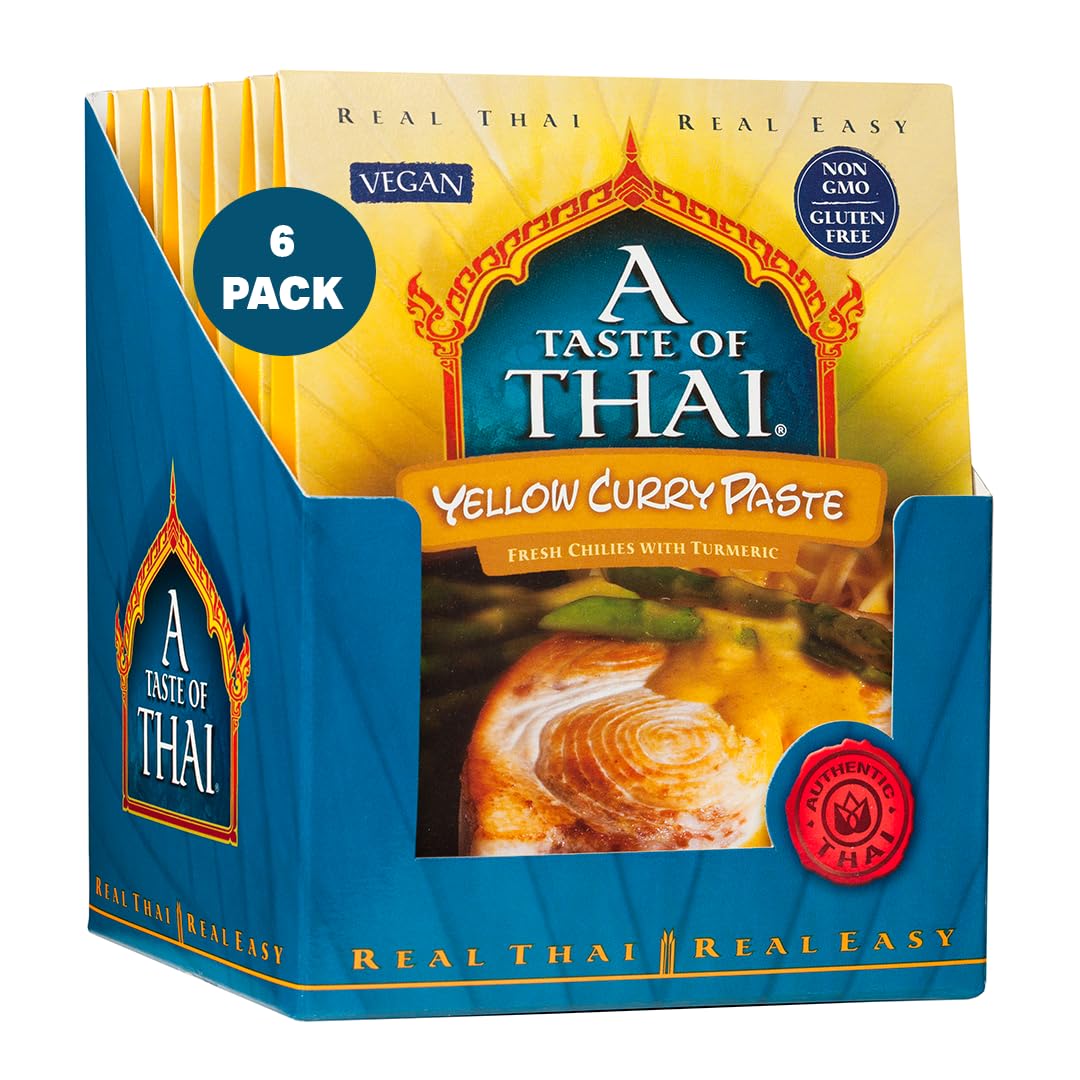 A Taste of Thai Yellow Curry Paste - 1.75 oz Pack of 6 Ready-to-Use Mix | Flavored with Classic Thai Spices | Use as Rub Marinade Dipping Sauce & More | Non-GMO | Gluten-Free | No Preservatives
