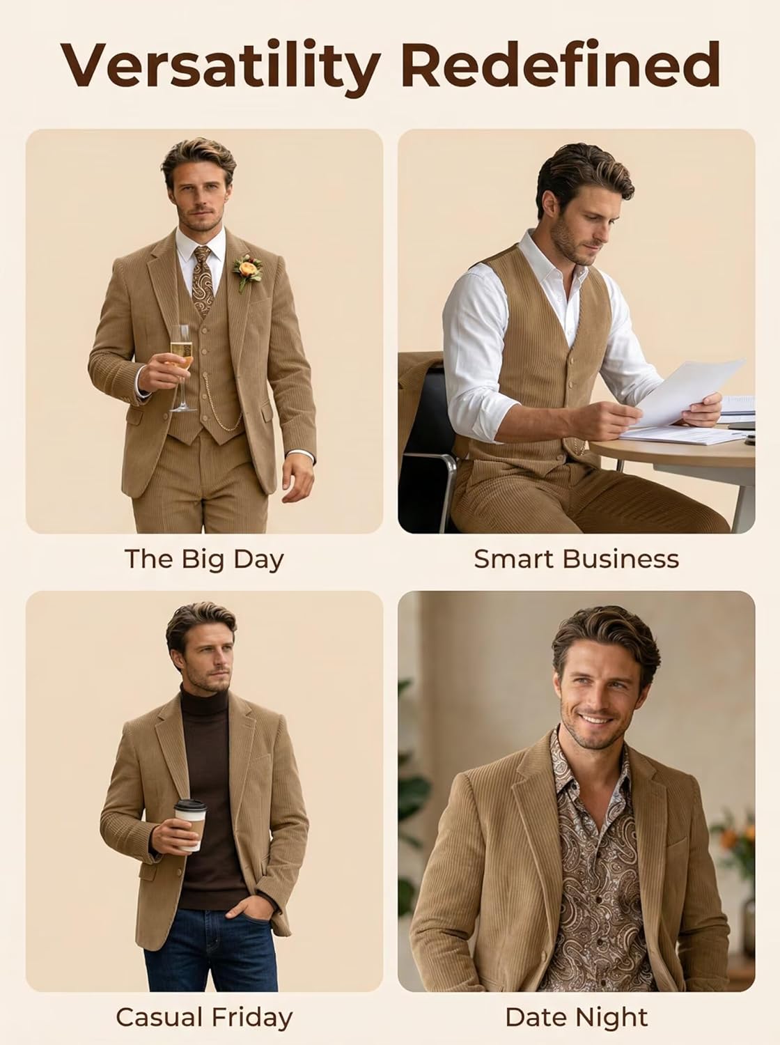 Corduroy Mens Suits Slim Fit Suit 3 Piece Retro Velvet Blazer Jacket Vest Pants Set Formal Wedding Prom Tuxedos for Men - Image 3