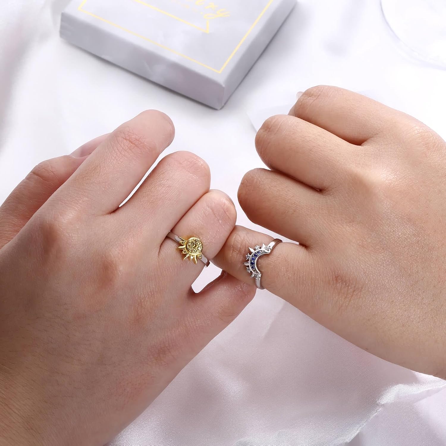 Sterling Silver Moon Sun Rings Set for 2 Stackable Matching Ring Friendship Sister Mother Daughter Promise Jewelry Gifts for Women Bff