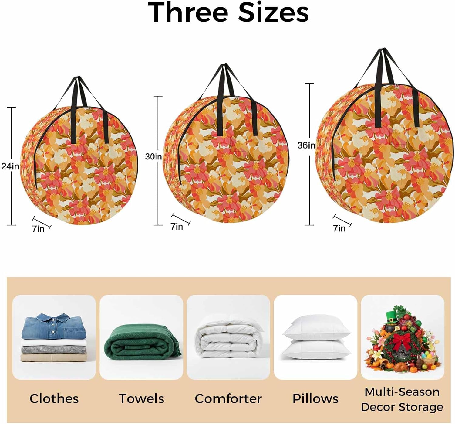 Storage Bag Orange Pink Peony Flowers Round Storage Totes Bins Closet Organizers with Zippers & Handle Floral Plant Clothes Storage Container for Bedroom Dorm Space Saving Packing Supplies Moving Bags