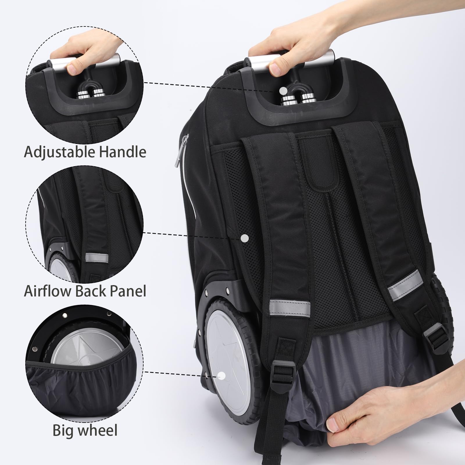 Rucksack mit Rollen, Rucksack trolley doppelt verstärktem Teleskopgriff, leichtes Hinauf- und Hinuntergehen von Treppen, Handgepäck-Rucksack mit Laptopfach für Geschäftsreisende und Pendler, Schwarz