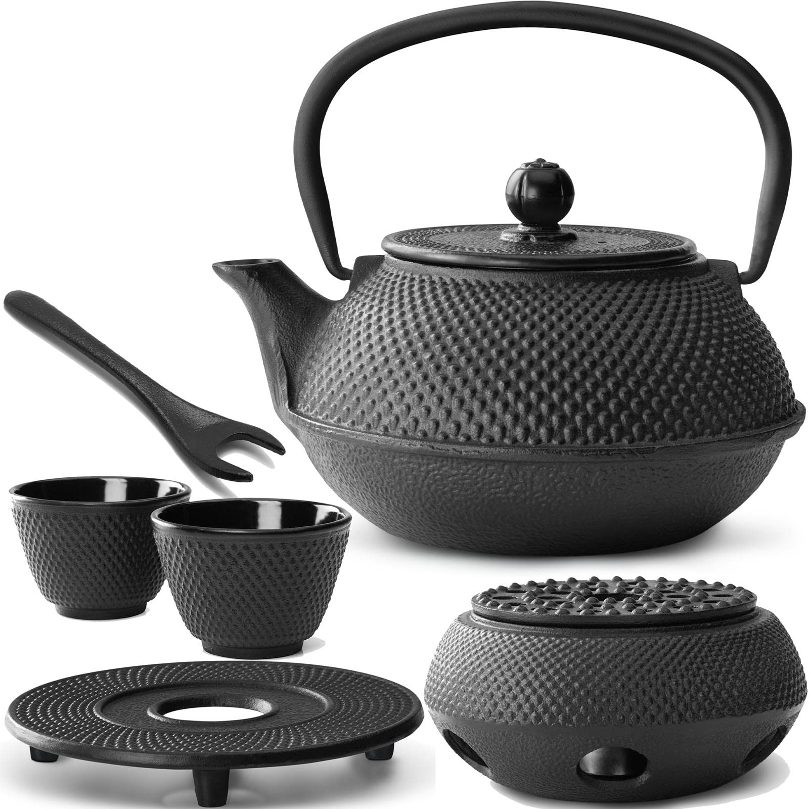 Bredemeijer Teekanne asiatisch Gusseisen Set 0.8 Liter - schwarze Gusskanne mit Henkel & Edelstahl Tee-Filter Sieb-Einsatz für losen Tee & 2 Teebecher & Stövchen & Untersetzer & Deckelheber