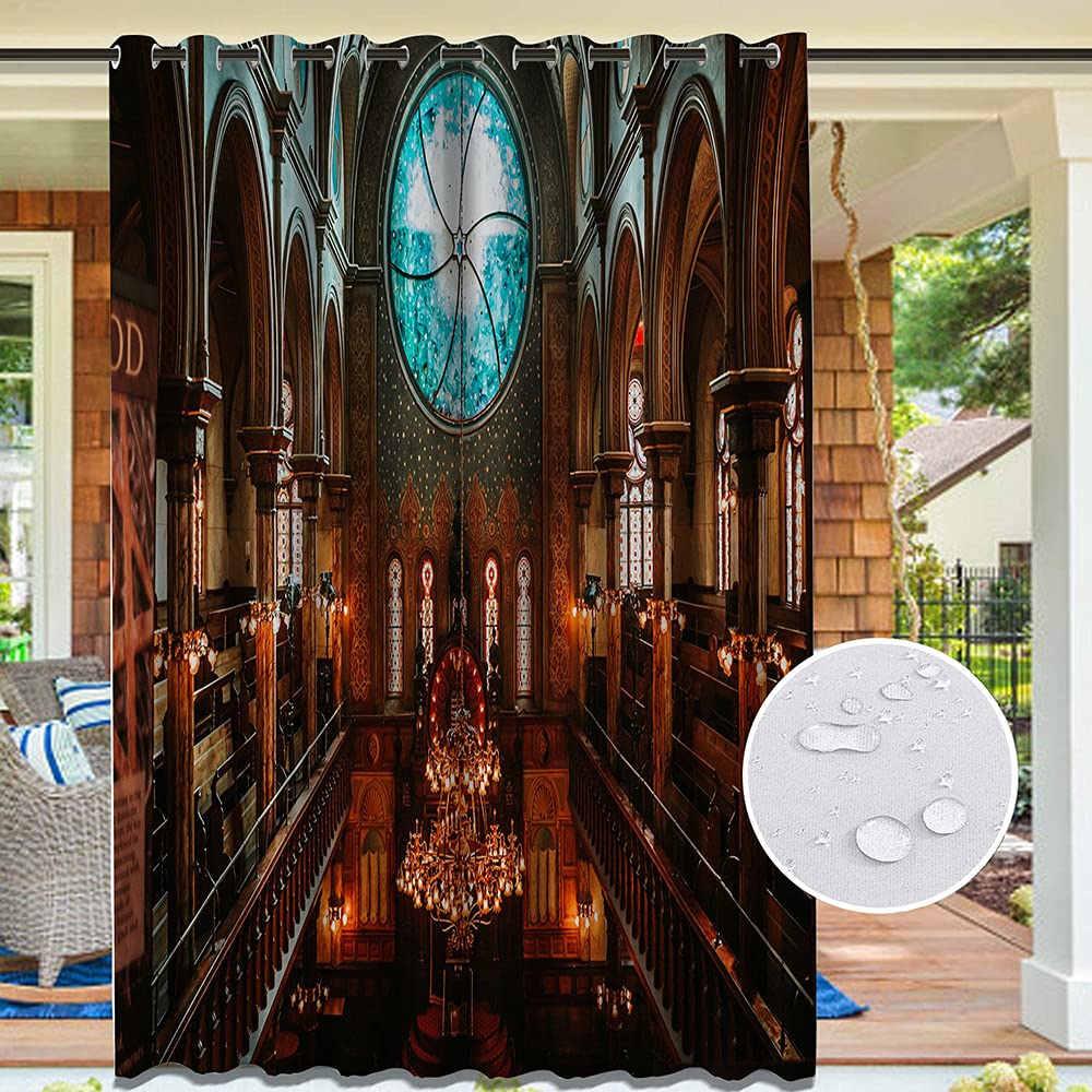 Balcony Curtains Waterproof Window Drapes Outdoor Waterproof Old Castle Brick Wall Printing Shades for Living Room Patio Porch Pergola Cabana Gazebo Grommet Top One Panel(15 92