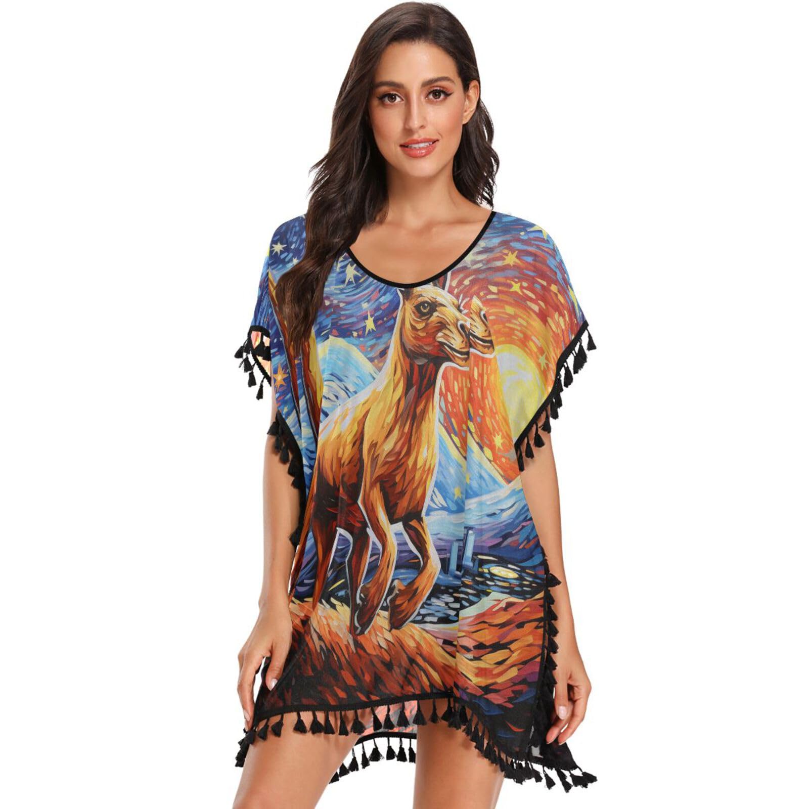 Watercolor Fire Moon Cartoon Kangaroo Women's Beach Cover Up Chiffon Tassel Swimwear Swimsuit Coverups for Girl