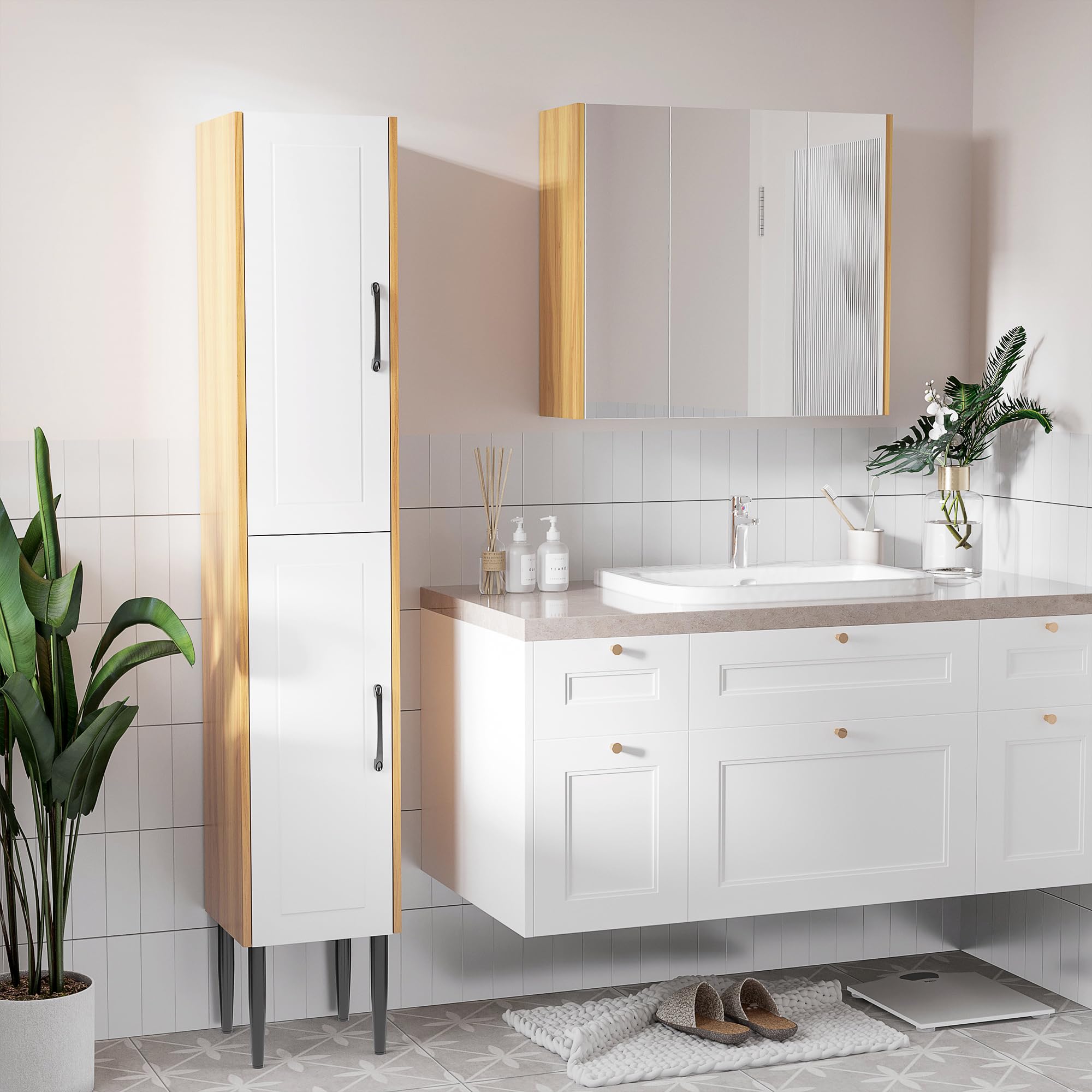 kleankin Armoire Miroir Salle de Bain Armoire de Toilette Miroir 3 Portes 4 étagères réglables 68 x 22 x 60 cm Aspect chêne Clair - Blanc