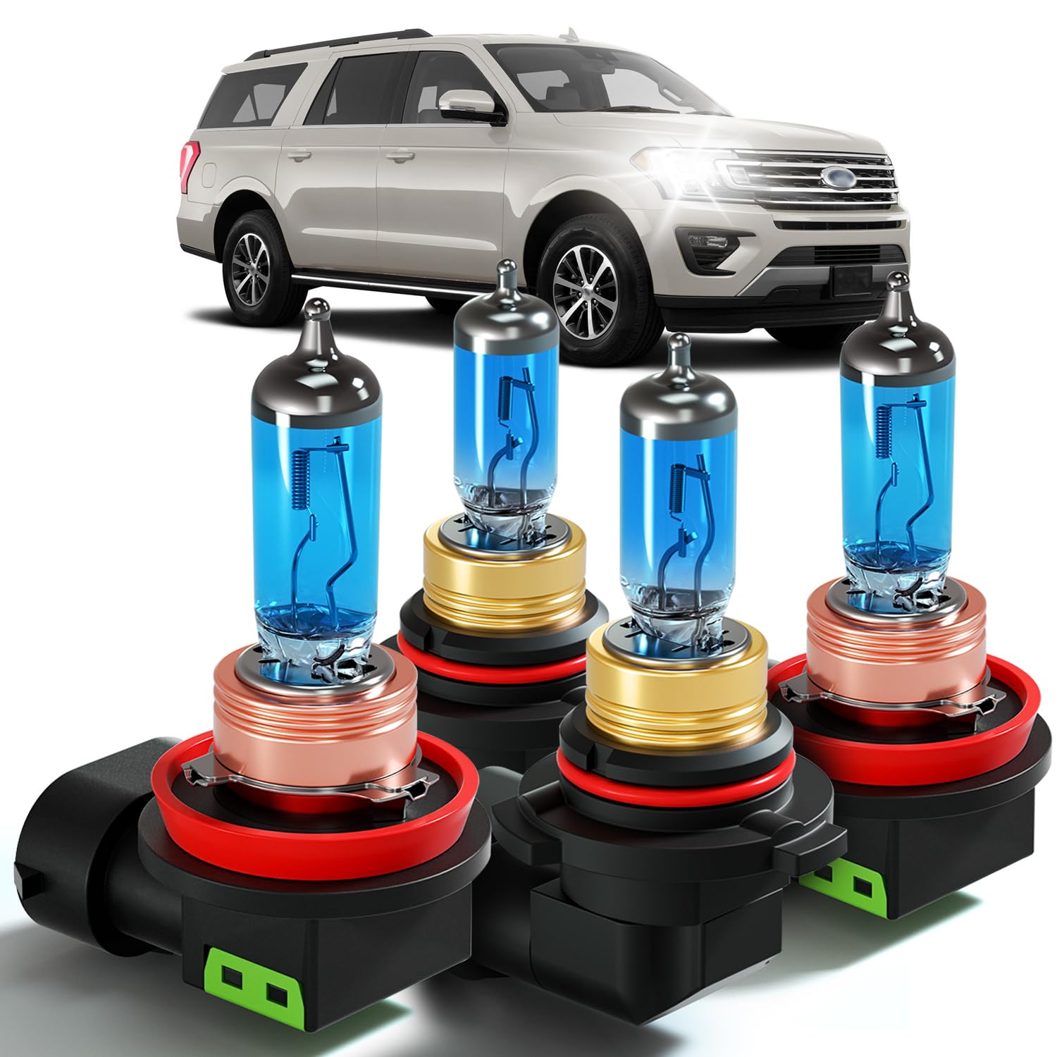 XFLHEHD Halogen Headlight Bulbs Combo for 2015-2020 Ford Expedition, Ultra Bright 5000K White High Low Beam, Plug and Play, 4 Pack