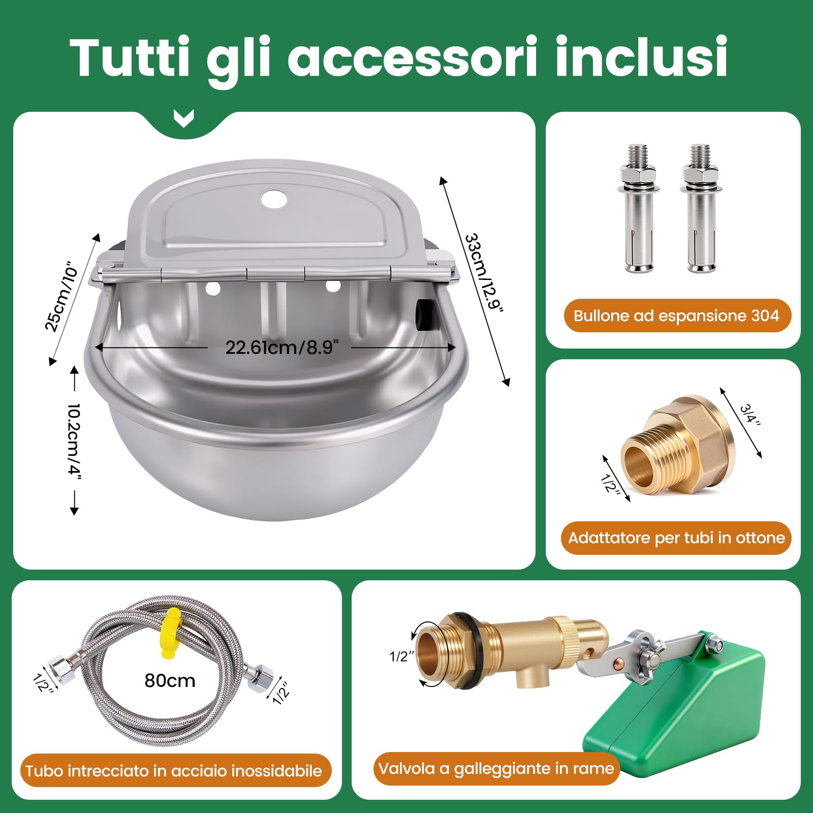 Abbeveratoio Automatico in Acciaio Inossidabile, 4L Abbeveratoio per Cavalli con Valvola Galleggiante in Ottone e Foro di Scarico, Adatto per Cavalli, Bovini, Capre, Pecore e Cani