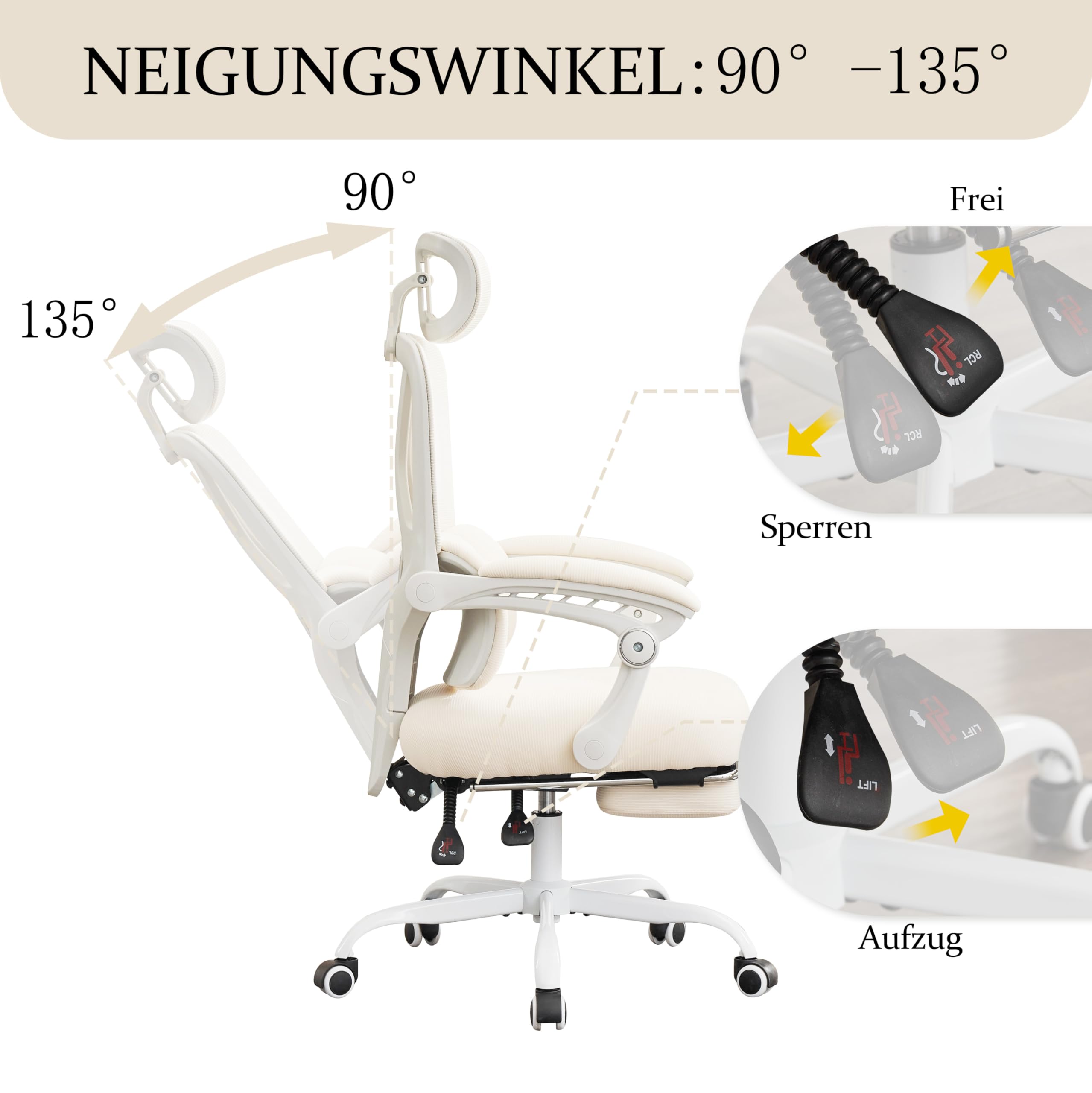 UEV Ergonomiczne krzesło biurowe z podnóżkiem, beżowe, krzesło do biura domowego, krzesło obrotowe, krzesło biurowe, nachylenie do 135°, regulacja wysokości, obciążenie do 150 kg, oddychający materiał
