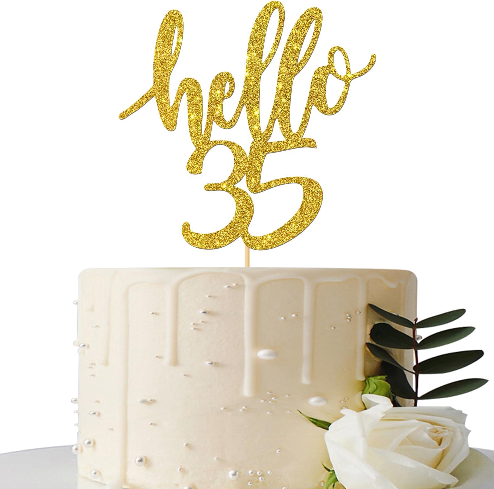Hello 35 Cake Topper - 35th Birthday / 35 Anniversary Party Cake Decoration Gold Glitter