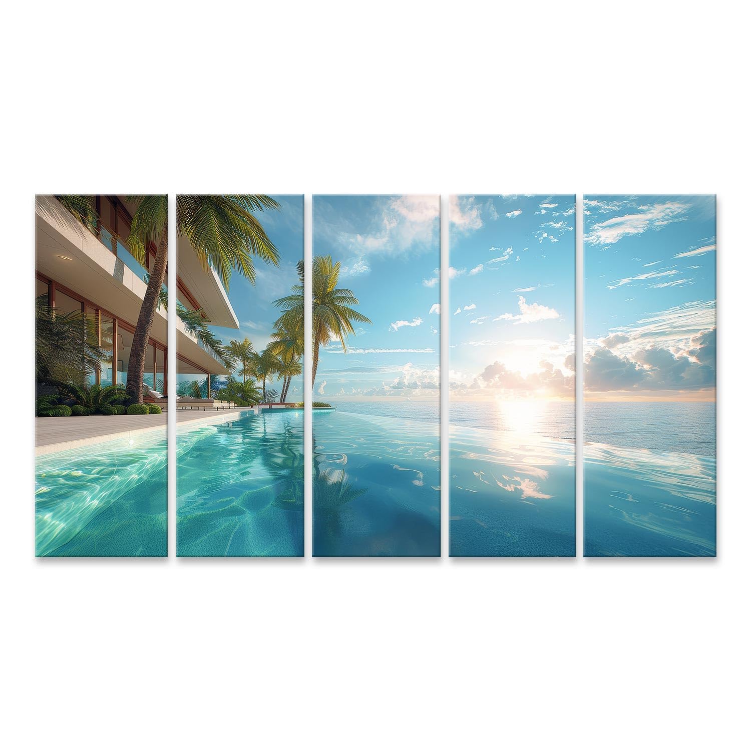 islandburner Primer cuadro sobre lienzo Villa moderna con piscina infinita, puesta de sol y vista al mar se funde con horizonte imágenes murales póster