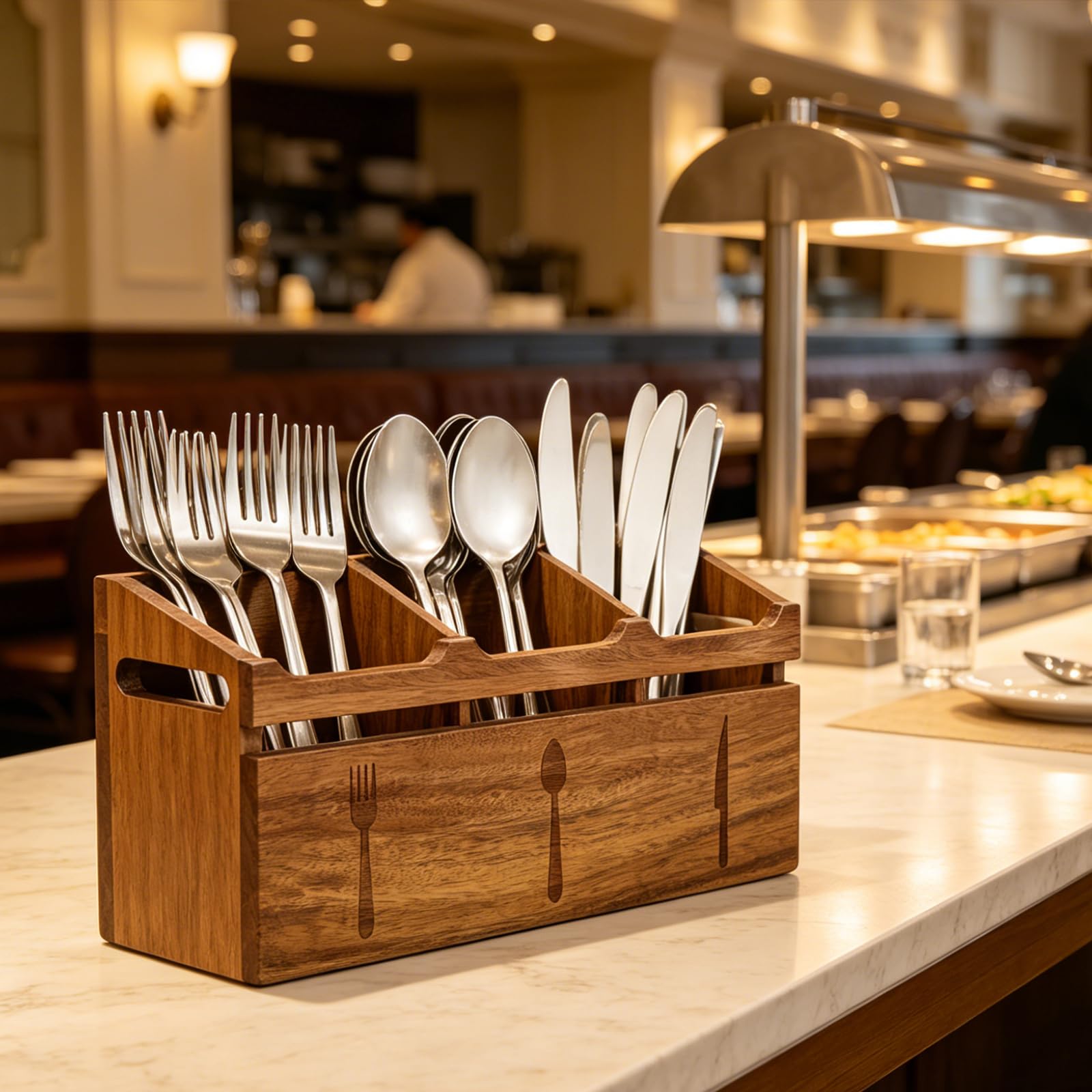 Acacia Wood Flatware Caddy - 3 Compartment Organizer -7