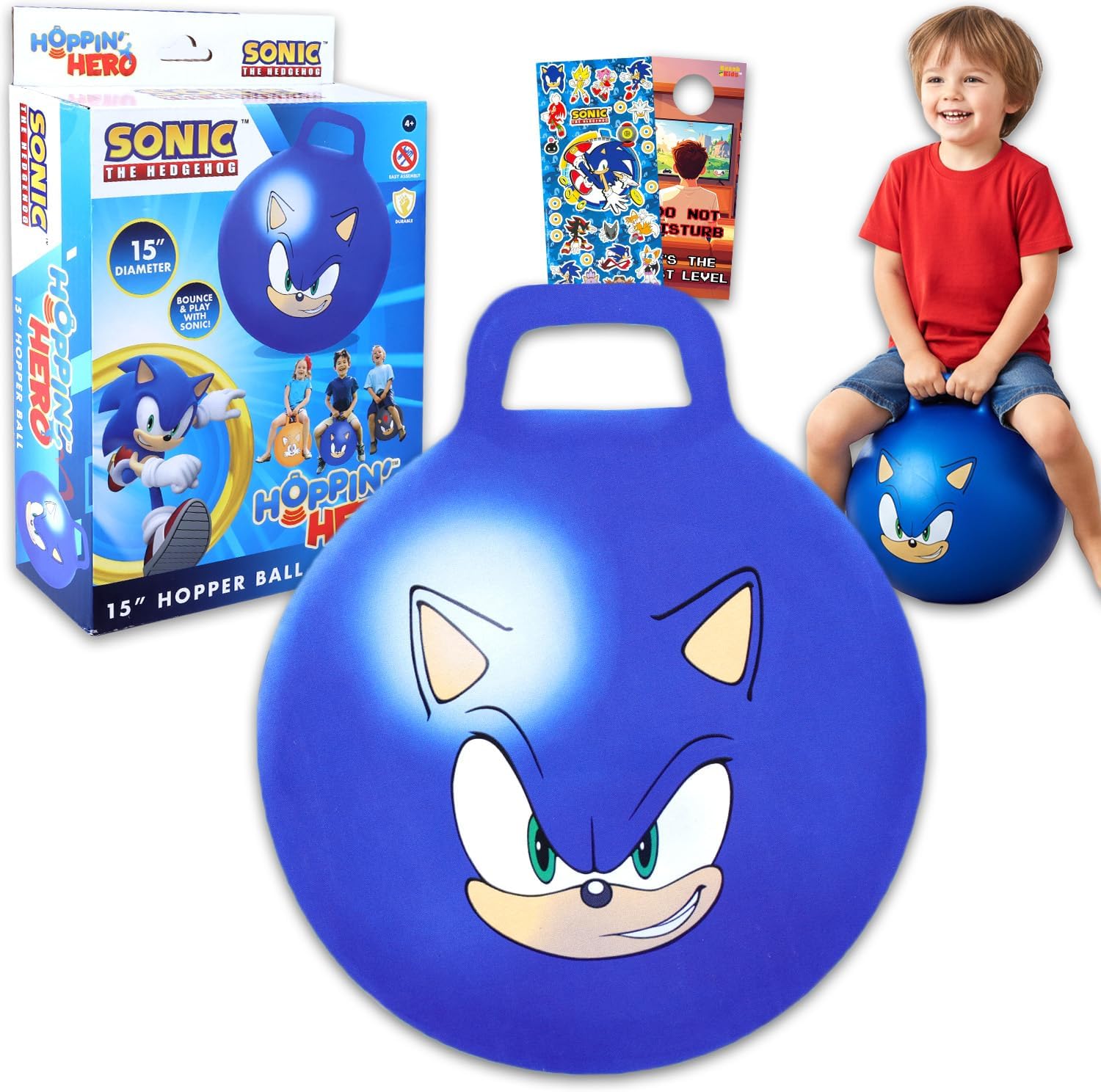 Sonic the Hedgehog Hopper Ball Bundle - Bouncy Ball with Handle for Kids | 15" Sonic Hippity Hop Jumping Ball for Kids Plus Stickers, More | Sonic the Hedgehog Backyard Activities, Outdoor Toys