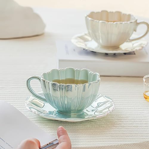 Miniatura 6 de amokk Juego de tazas de café de porcelana con forma de flor para regalo de inauguración de la casa, decoración del hogar (azul)