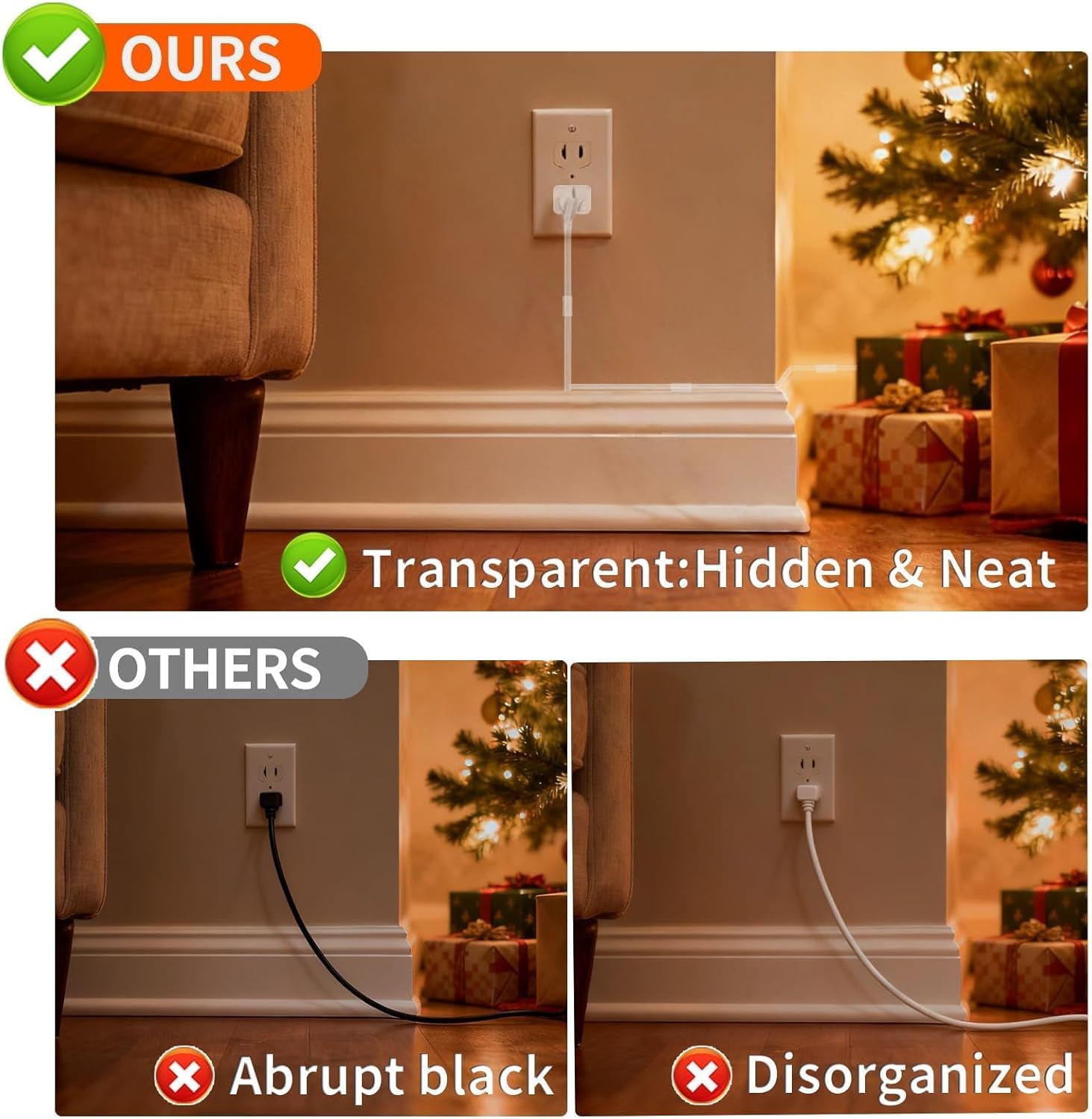 2 Pack Clear 12 FT Extension Cord with Foot Switch, 3 Outlet Extension Cord, Flat Christmas Tree Extension Cords with UL-Certified, 2 Prong Clear Extension Cords 2×18 AWG 3A 125V, Male to Fema