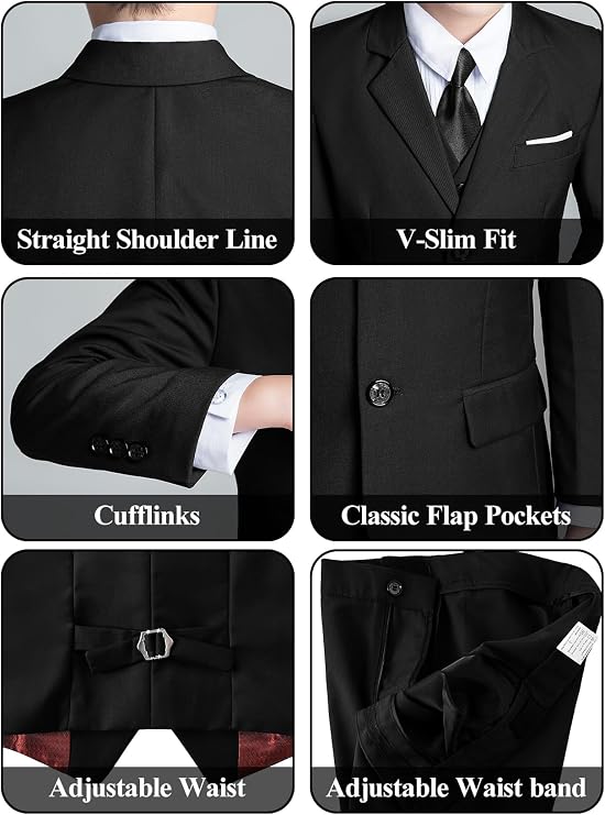 Boys' 5 Piece Suit Set with Shirt Tie Formal Slim Fit Kids Suits