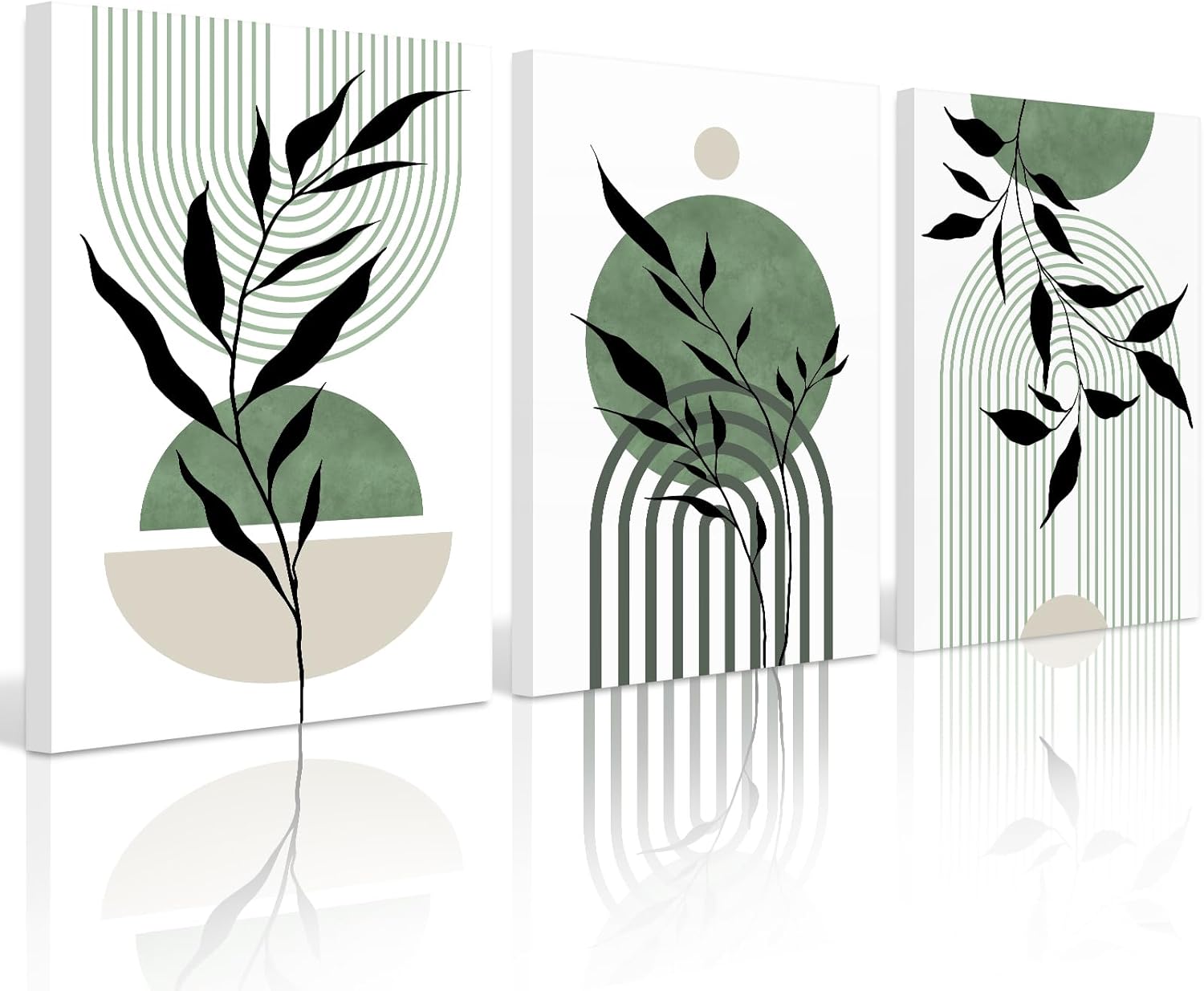 Mid Century Modern Wall Art Set of 3 Sage Green Canvas Wall Art Boho Prints Green Wall Decor Black Beige Abstract Wall Art Picture Mid Century Painting for Home Bedroom 12x16 Inch Wrapped Canvas 12x16 Inch Wrapped Canvas Green Plants Prints