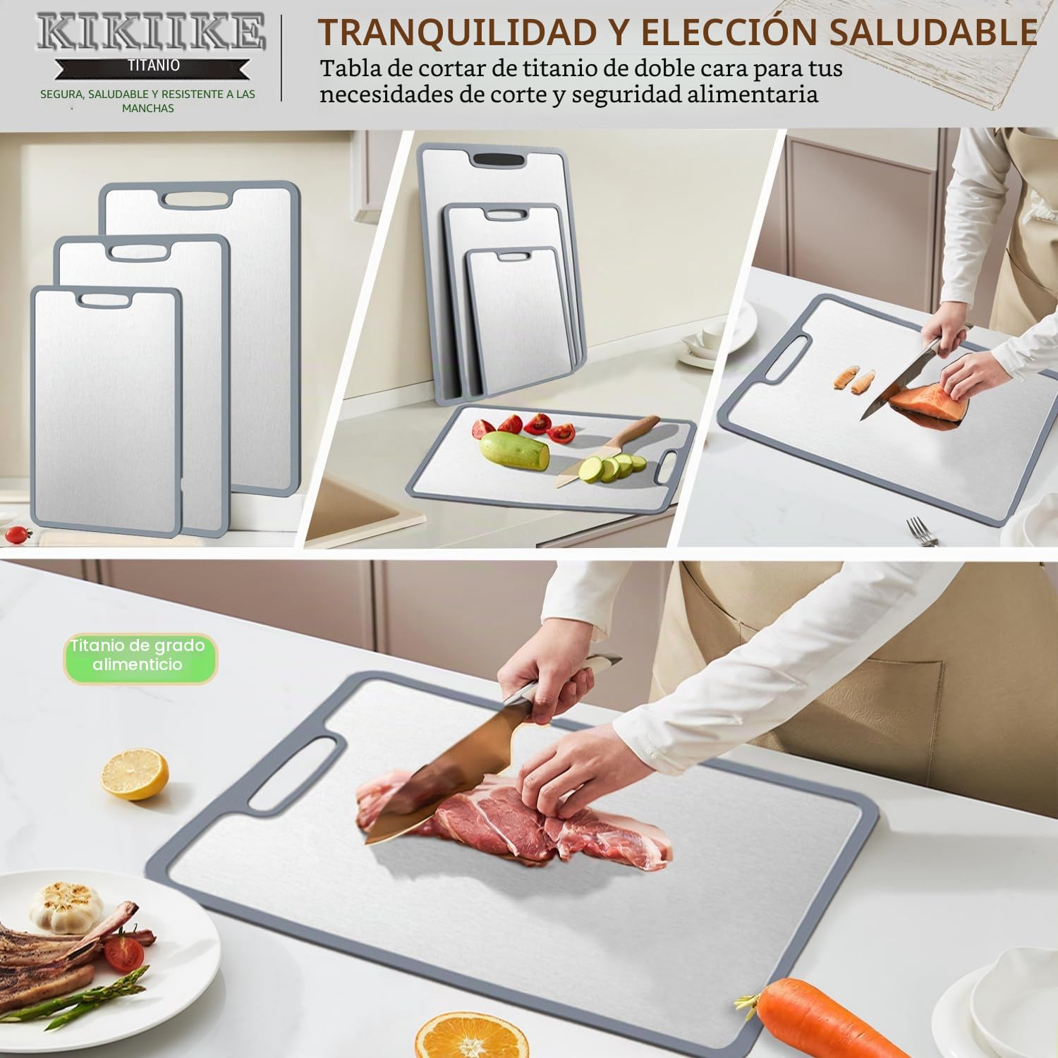 Tabla de cortar de titanio con bordes de silicona antideslizante de doble cara para cocina, antiadherente, duradera y fácil de limpiar (3 piezas S/M, grado alimenticio)