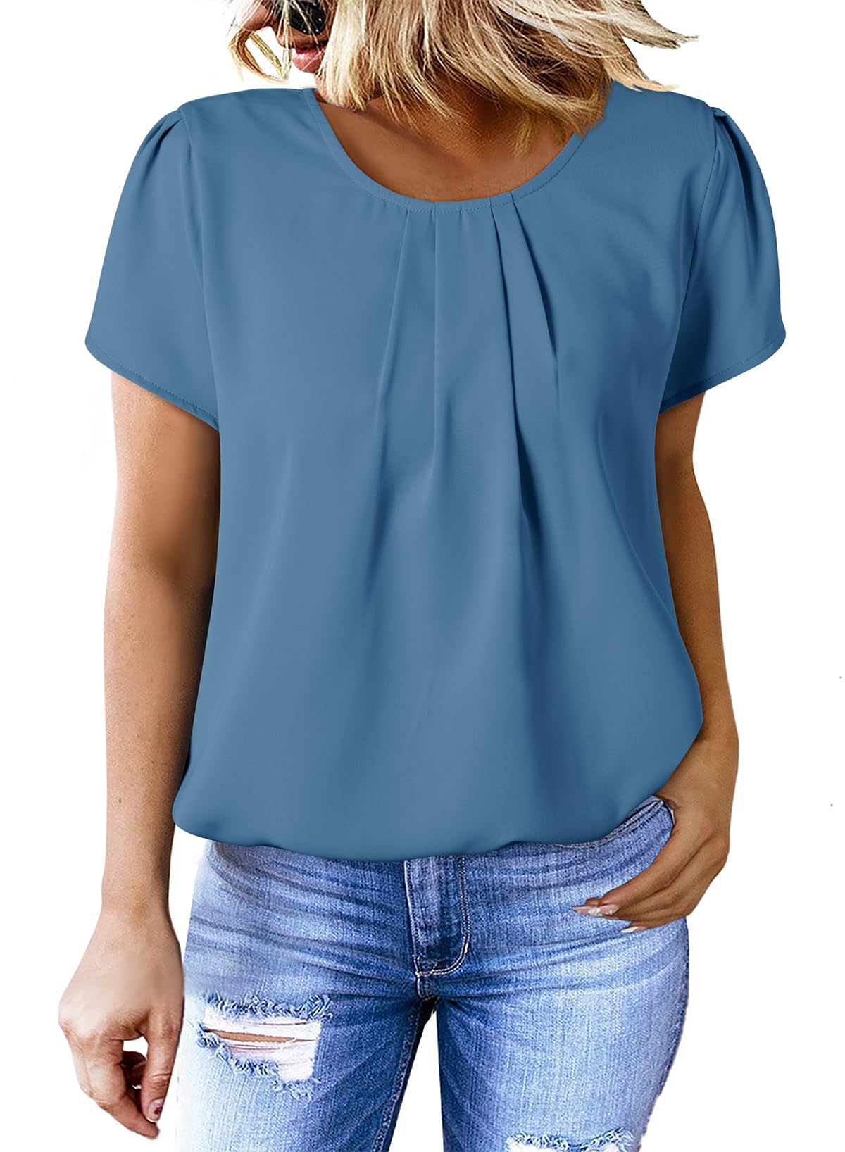 Dokotoo Women's Casual Round Neck Basic Pleated Tops Short Sleeve Loose Fit Curved Keyhole Back Chiffon Blouses Tshirts