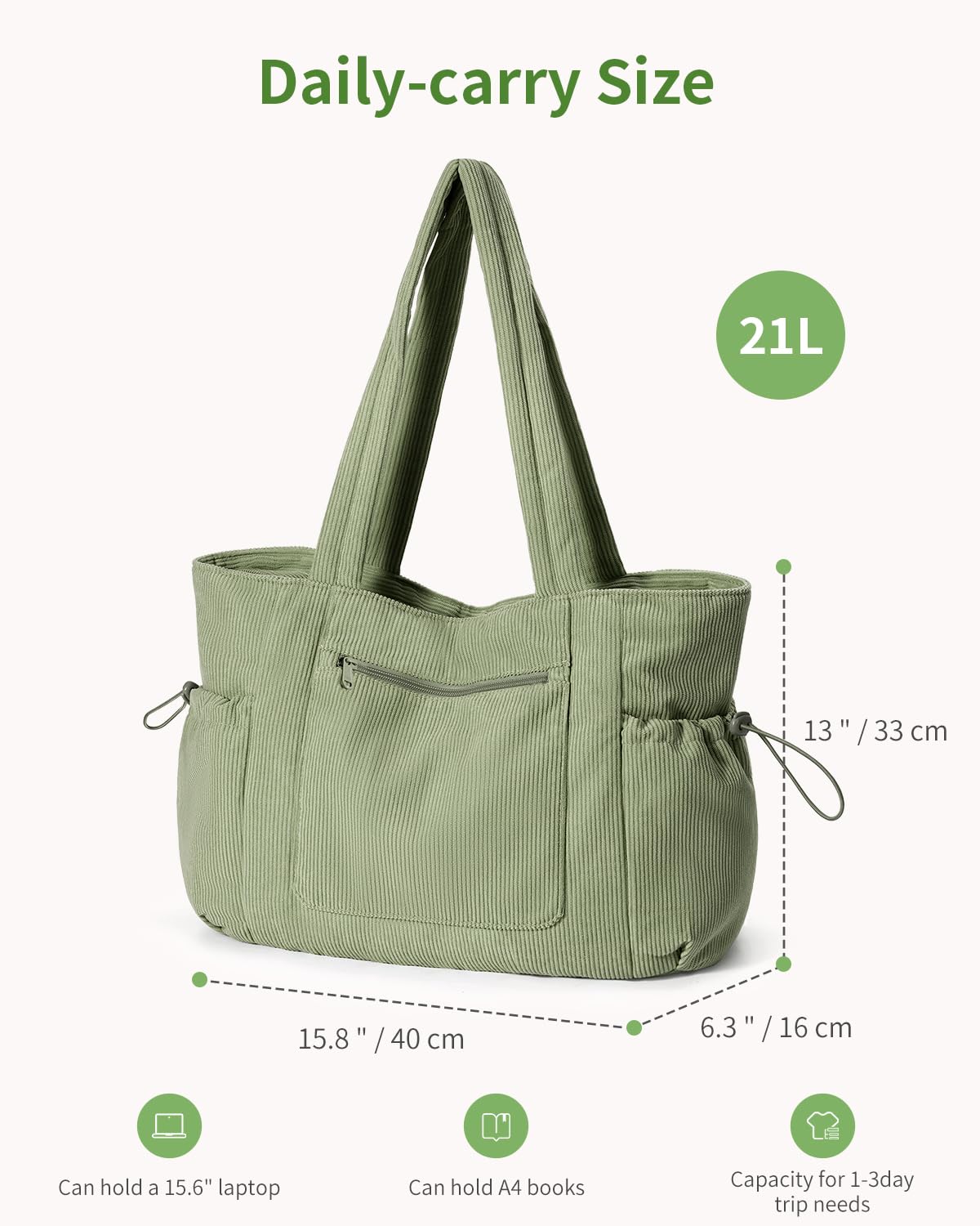 ECOHUB Cord Shopper damska duża torba z zamkiem błyskawicznym, torba robocza z kieszenią na laptopa o przekątnej ekranu 15,6", duża torebka do szkoły, na uczelnię, do biura, na co dzień, w podróż