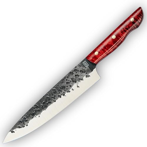 Miniatura 1 de Cuchillo de chef verdaderamente hecho a mano cuchillo de cocina gyuto forjado a mano (acero D2 tratado con crio, rojo)
