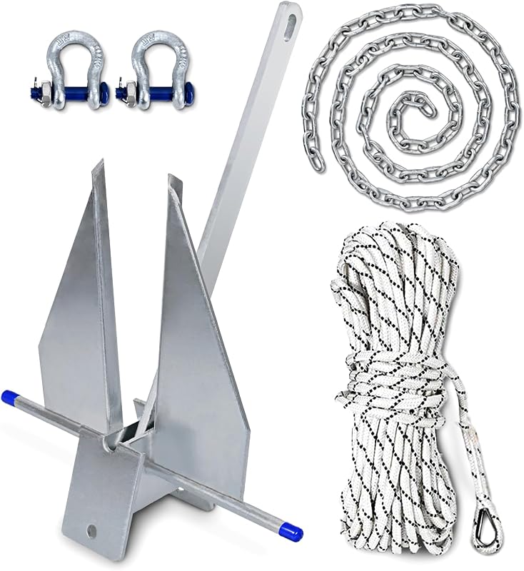 5/8/10/13/18/25 Boat Anchor Kit with Chain, Rope and Shackles | Heavy Duty Danforth Anchor Kit, Hot-Dipped Galvanized Fluke Anchor, Fit for Boats Pontoon, Deck, Sailboat and Fishing