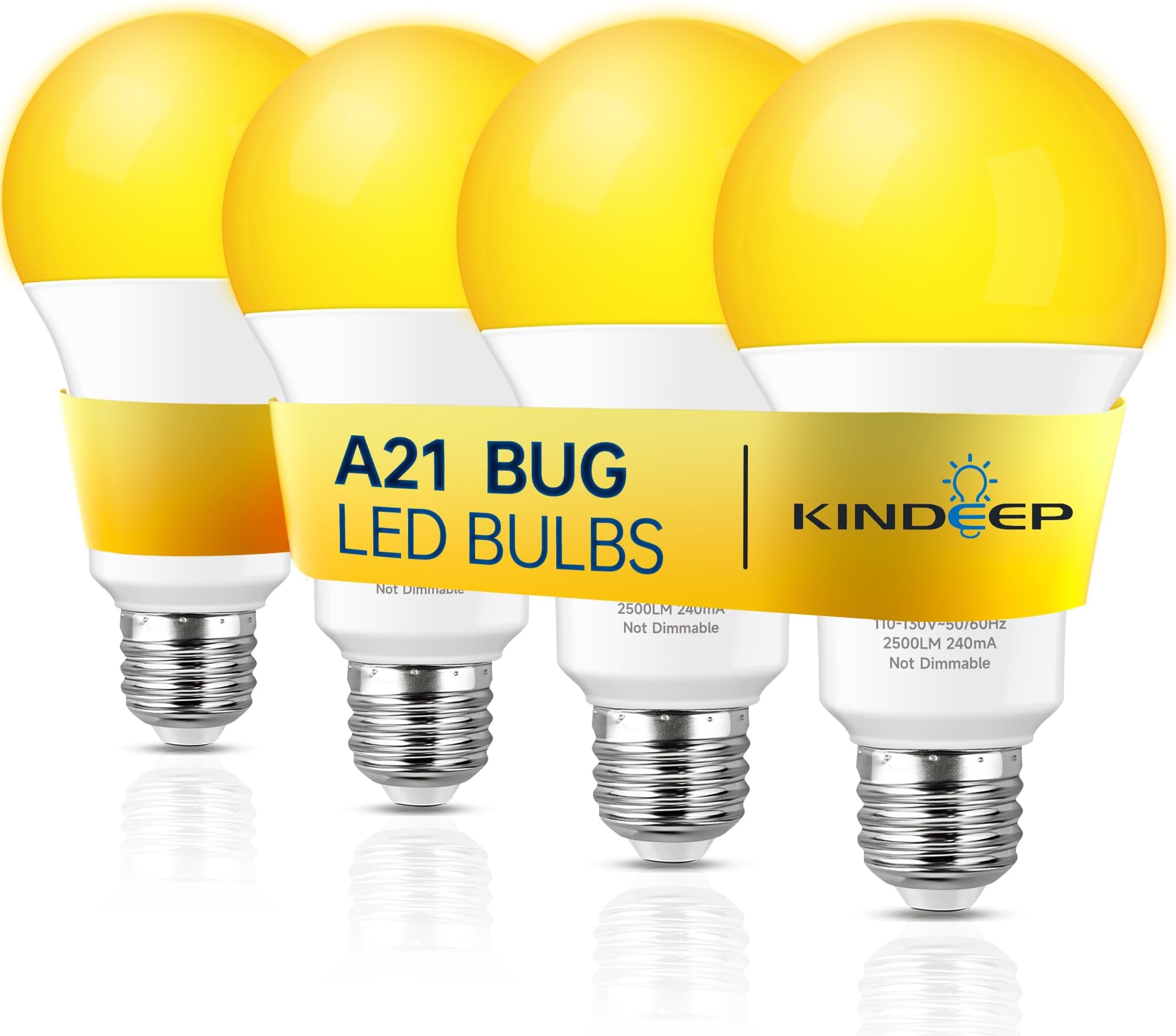 KINDEEP Yellow Bug Light Bulb Outdoor, 150W-200W Equivalent LED Bug Light for Outside, A21 E26 23W 2000K Warm Lights Bulbs for Porch/Patio/Hallway/Backyard, Non-Dim White Housing, 4 Pack
