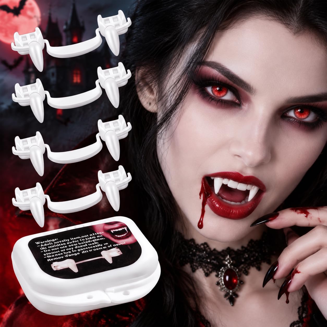 4PCS Vampire Teeth, Retractable Vampire Fangs Reusable with Storage Box