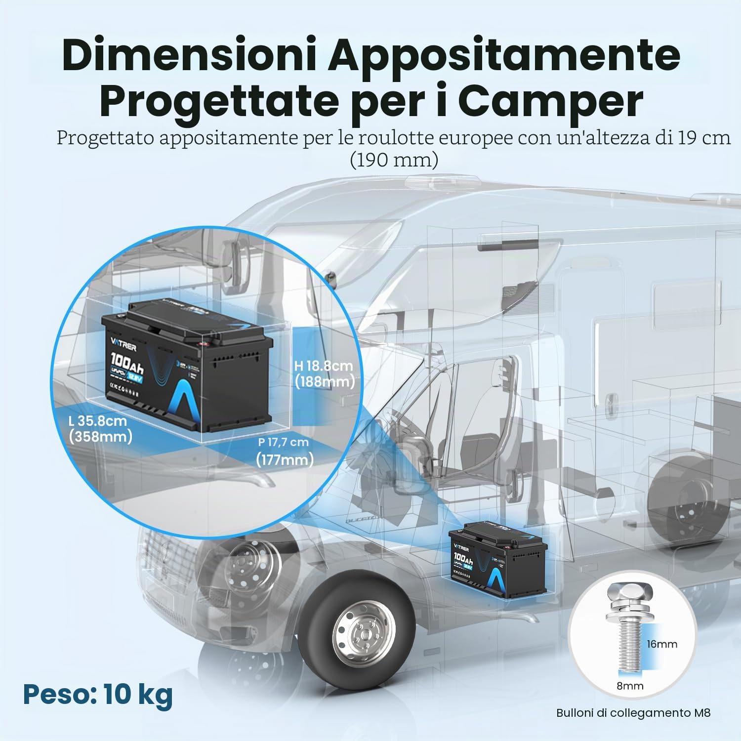 VATRER POWER LiFePO4 12V 100Ah H190/DIN H8 / L5 Bluetooth | BMS Smart 100A·1280Wh Energia Utilizzabile·5000+ Cicli·Fotovoltaico,Camper & Backup