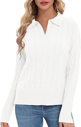 Urban CoCo Womens Long Sleeve V Neck Pullover Polo Sweater Tops Cable Knit Sweaters Winter Trendy Outfits
