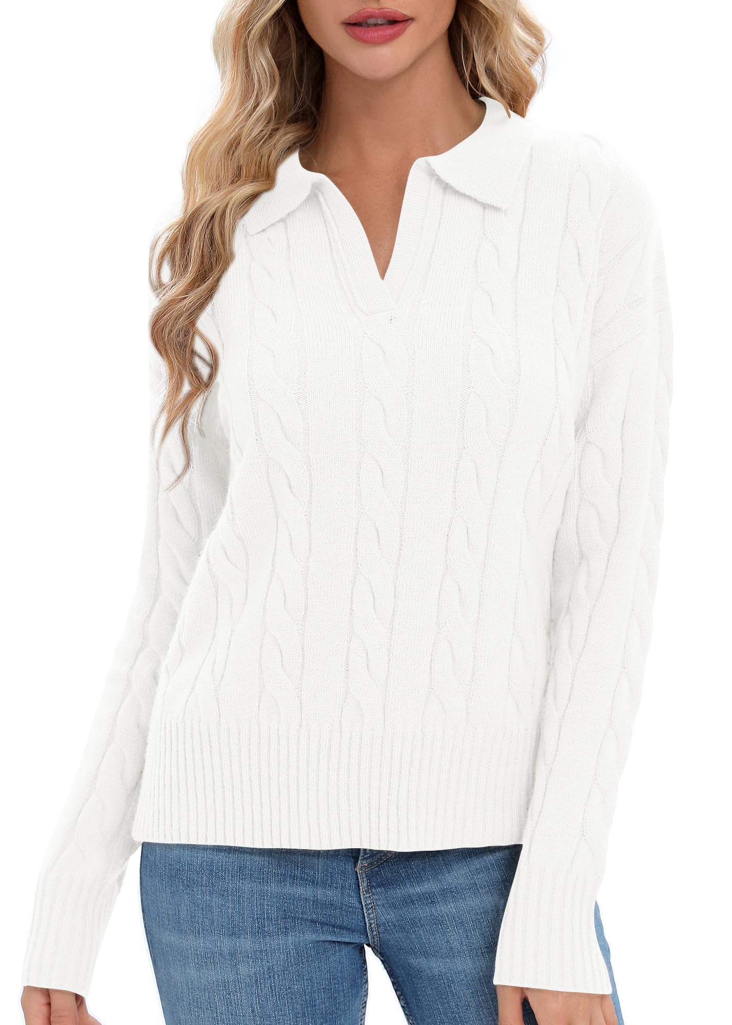 Urban CoCo Womens Long Sleeve V Neck Pullover Polo Sweater Tops Cable Knit Sweaters Winter Trendy Outfits